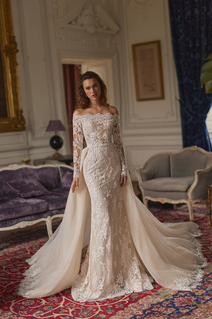 Off the shoulder long sleeve lace wedding dress with a detachable train