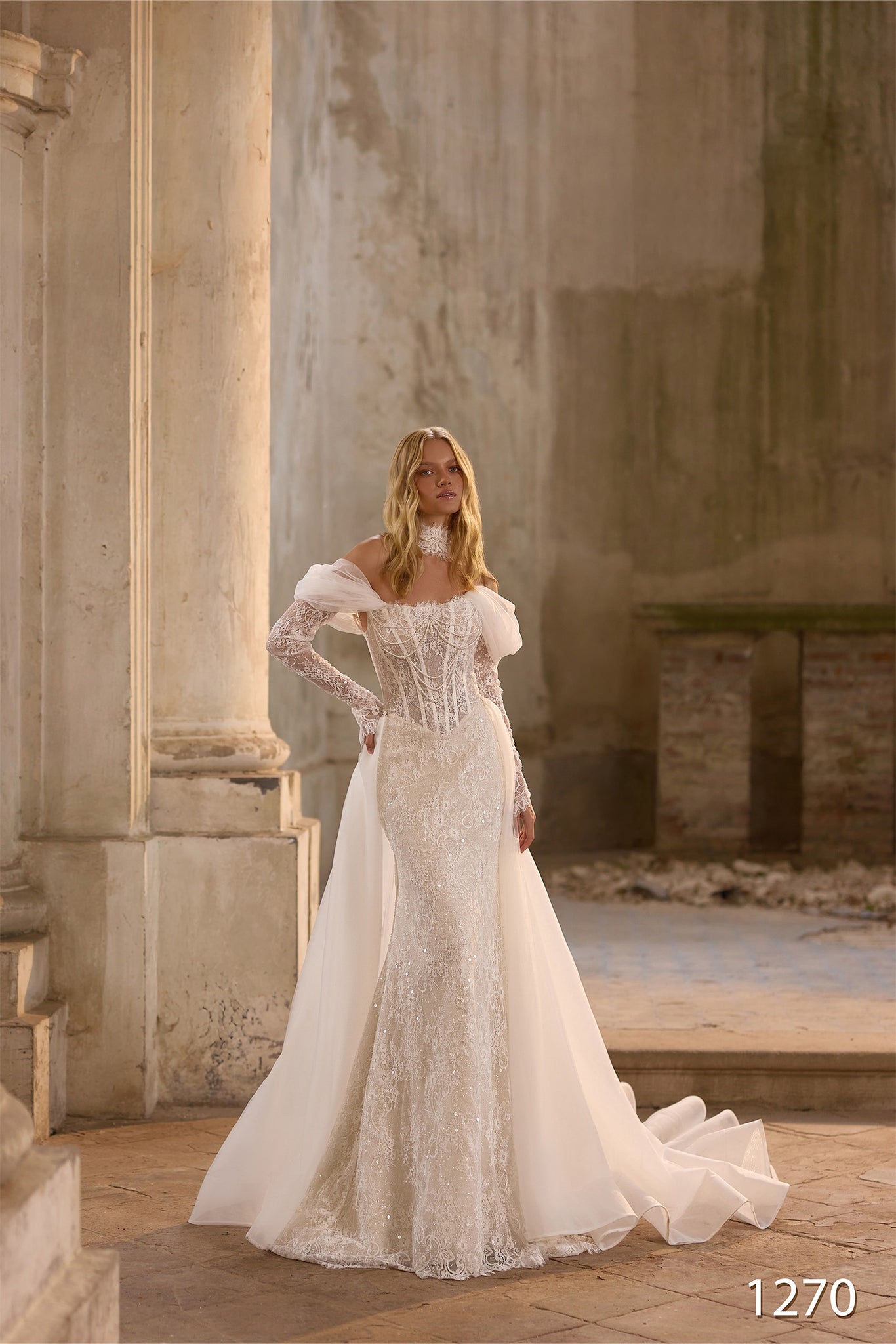 Lace Corset Wedding Dress with Off-Shoulder Sleeves | Marelli Exclusive 14 / Ivory/Nude (as pictured) Lace Corset Wedding Dress with Off-Shoulder Sleeves | Marelli Exclusive 14 / Ivory/Nude (as pictured)