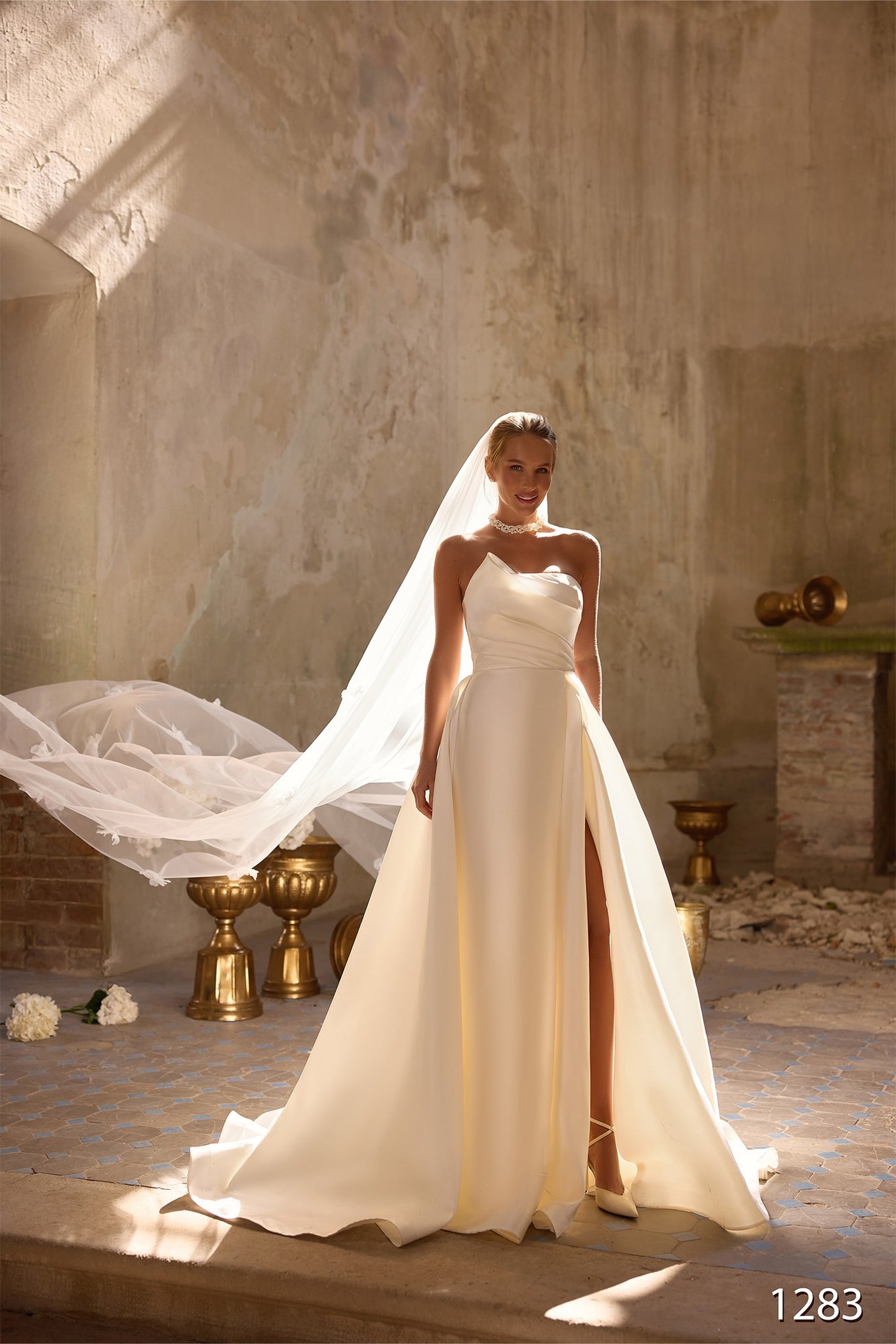 Vissaria 1282 Satin A-Line Wedding Dress with Lace Sleeves