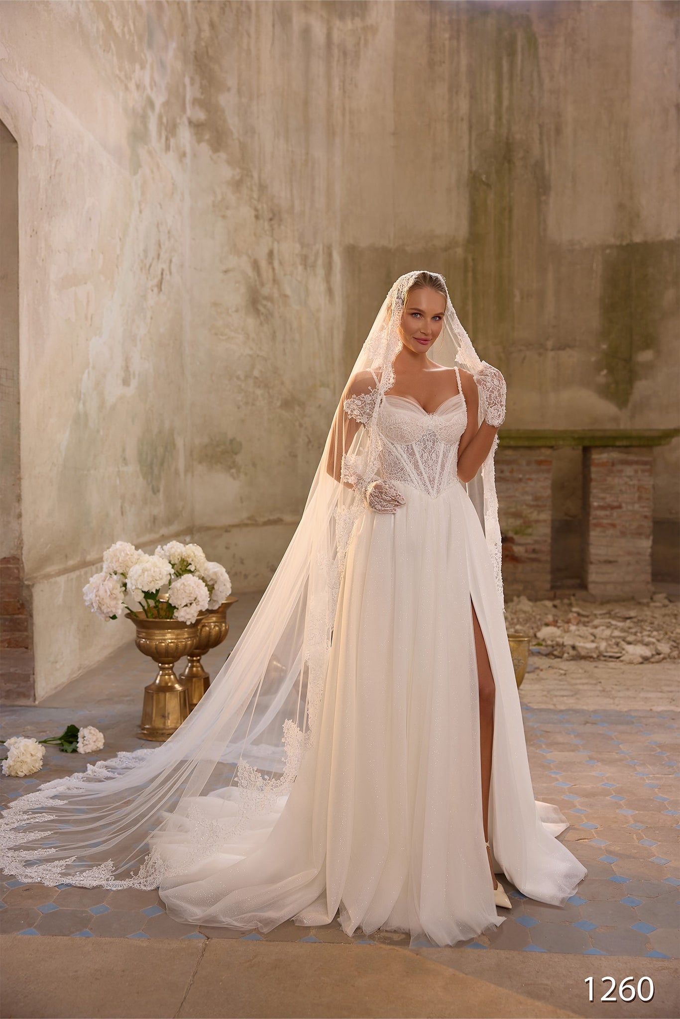 Vissaria V1260 Lace Corset A-Line Wedding Dress with Slit | Marelli Exclusive 4 / Ivory Vissaria V1260 Lace Corset A-Line Wedding Dress with Slit | Marelli Exclusive 4 / Ivory