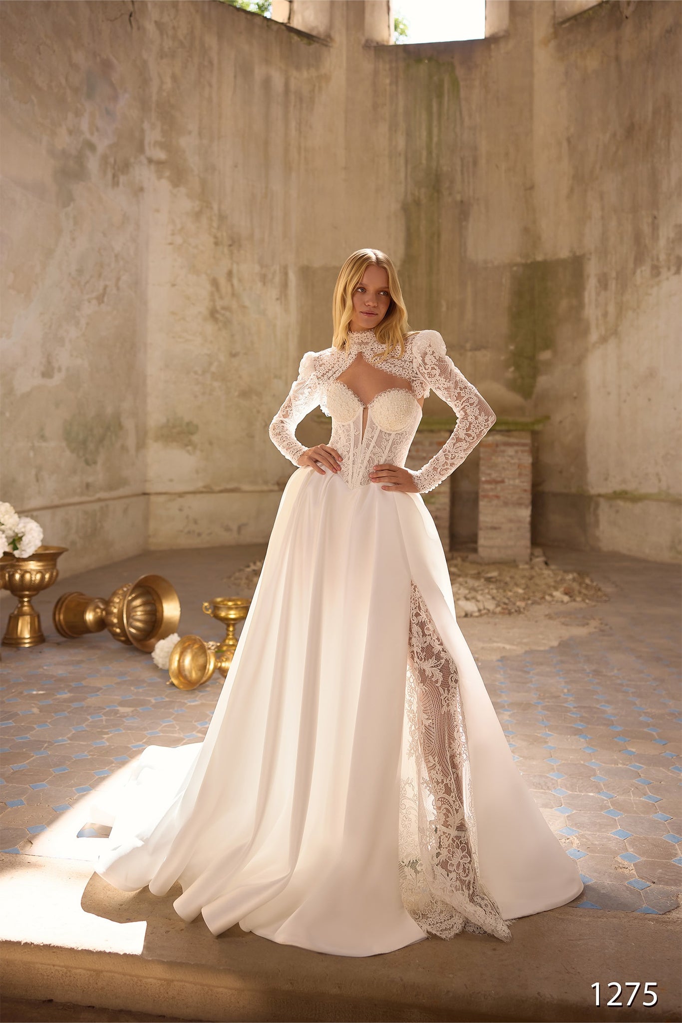 Vissaria V1275 Long Sleeve Lace High-Neck Corset Wedding Dress | Marelli Exclusive 6 / Ivory/Nude (as pictured) Vissaria V1275 Long Sleeve Lace High-Neck Corset Wedding Dress | Marelli Exclusive 6 / Ivory/Nude (as pictured)