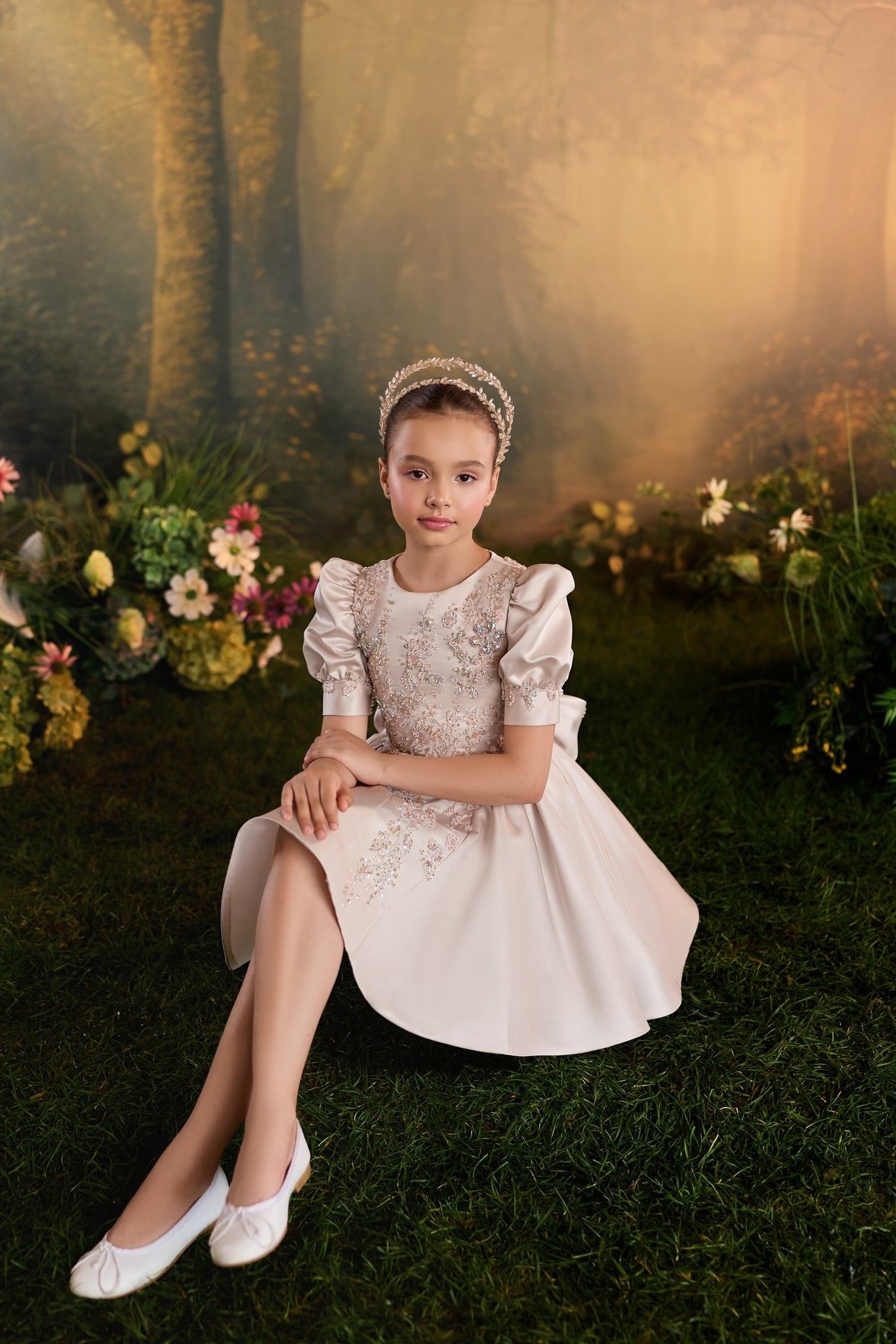 Pentelei 3941 shown in long ball gown and short dress options with puff sleeves | Girls Formal Dress