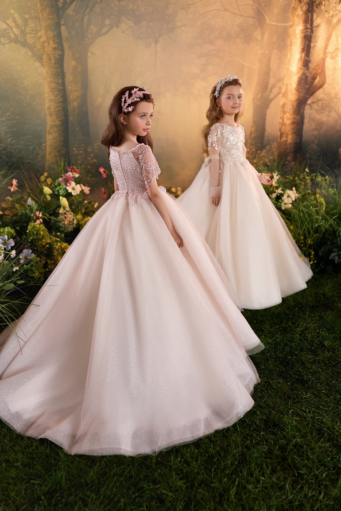 Pentelei 3943 ball gowns with shimmering tulle skirts and long trains | Girls Formal Dress