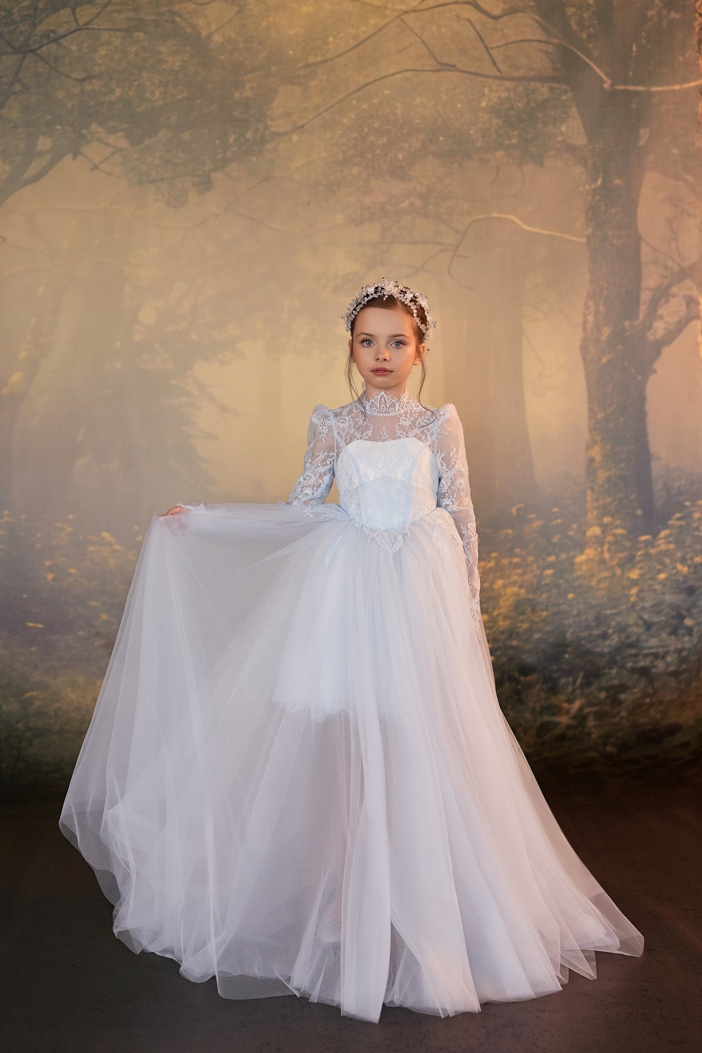 Pentelei 3945 with floor-length tulle skirt, high lace neckline, and sheer long sleeves | Girls Formal Dress