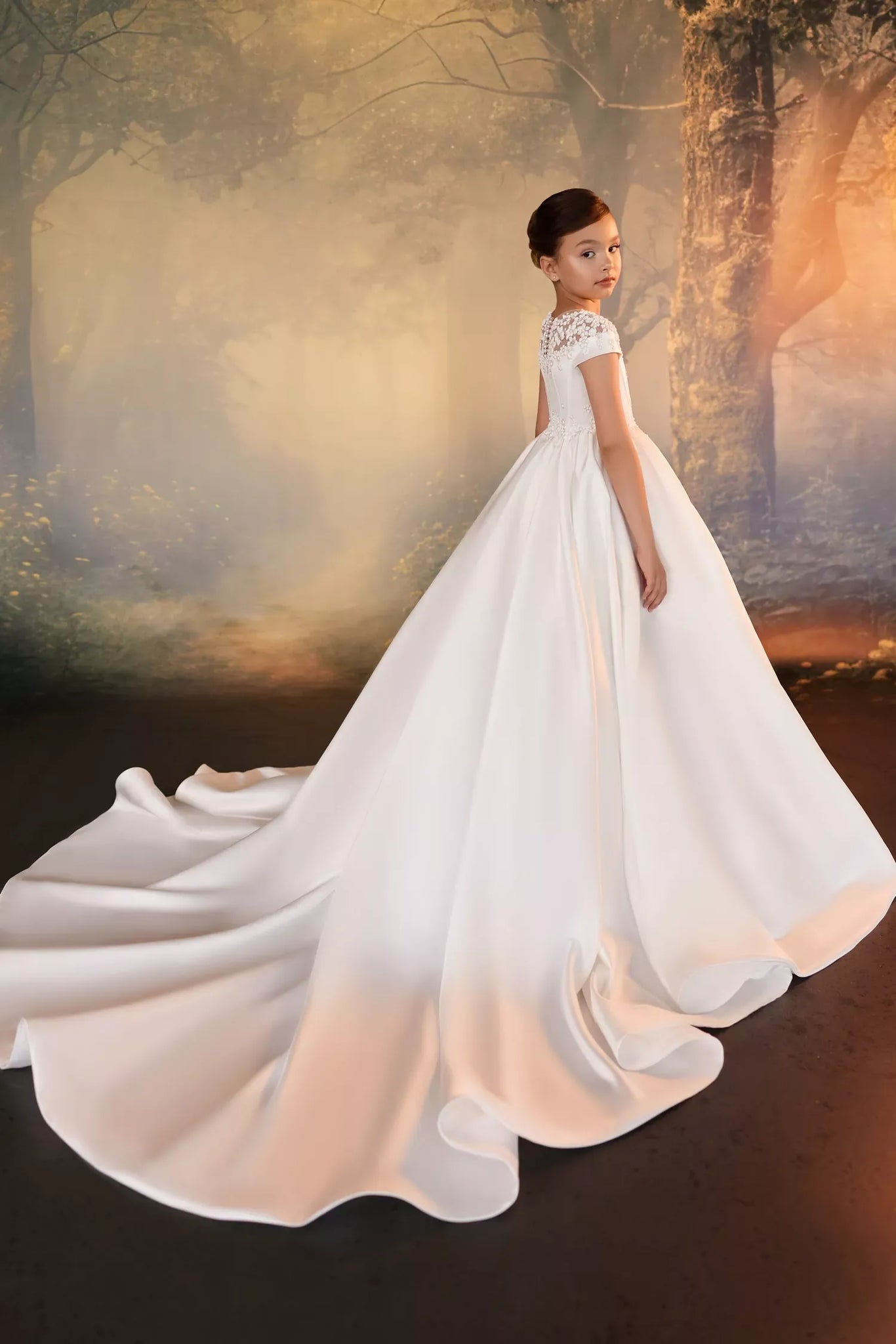Back view of Pentelei 3942 ball gown with full skirt and long train | Girls Formal Dress