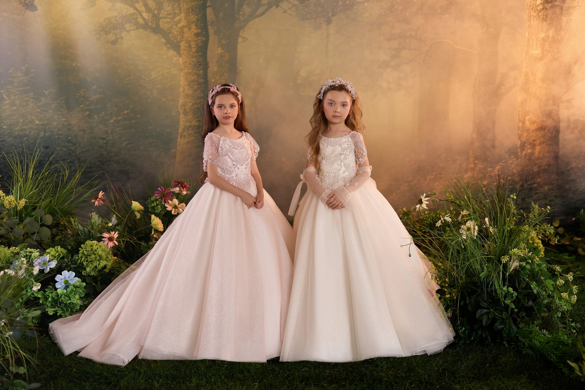 Pentelei 3943 ball gowns with embellished bodices, full tulle skirts, and long trains | Girls Formal Dress