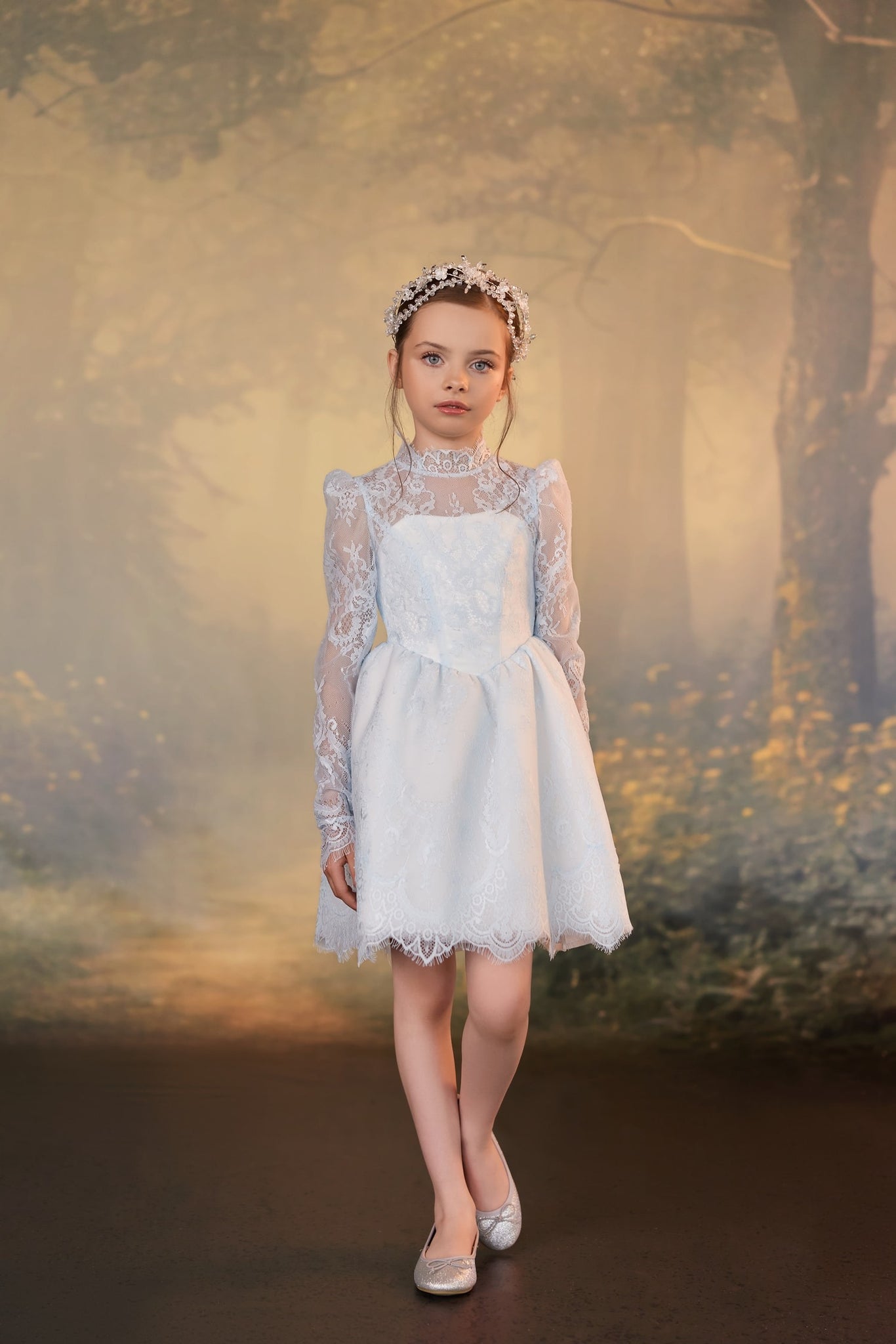 Pentelei 3945 short lace dress with high neckline, sheer long sleeves, and scalloped hem | Girls Formal Dress