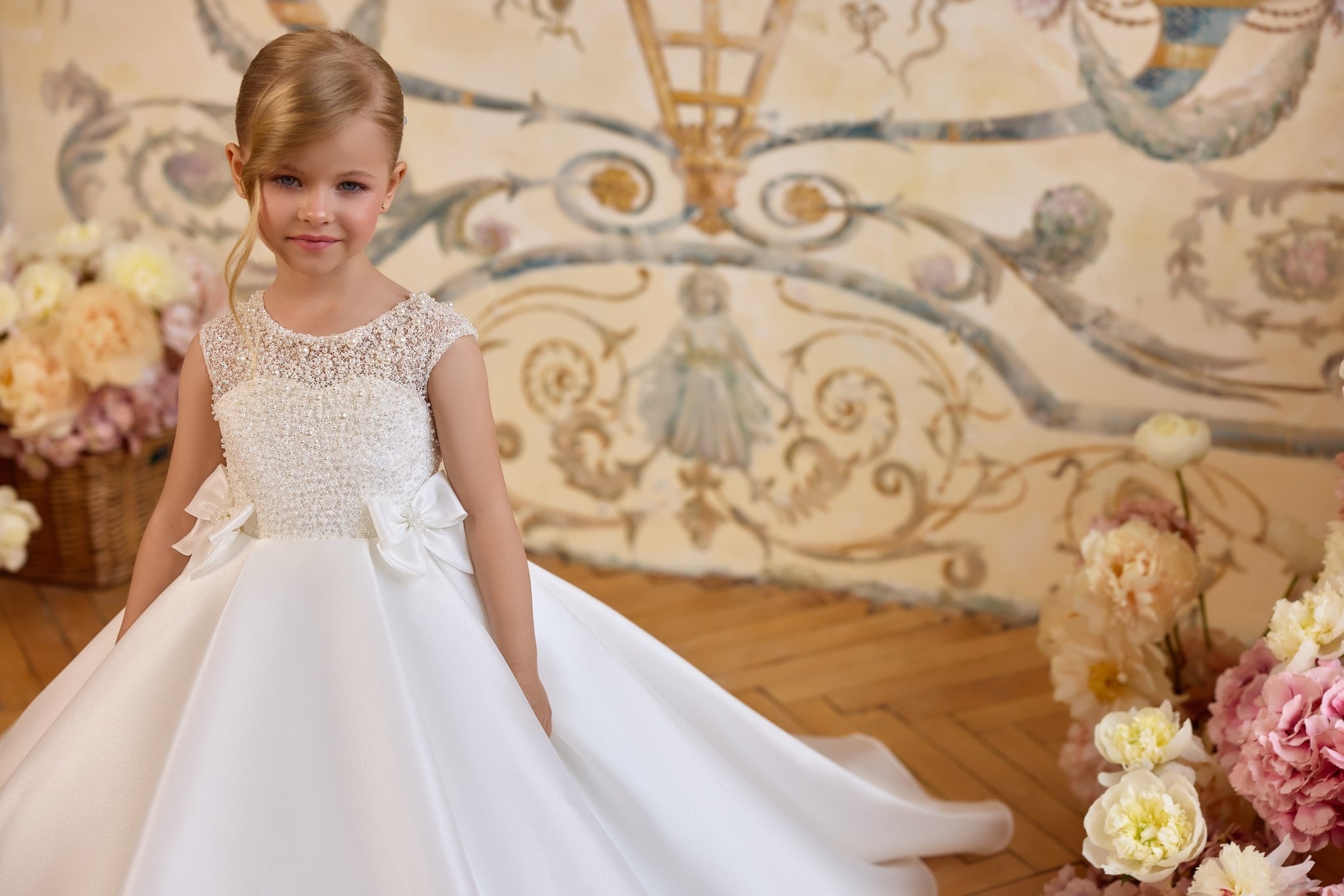 Pentelei 3809 pearl bodice gown with illusion neckline and bows | Girls Formal Dress