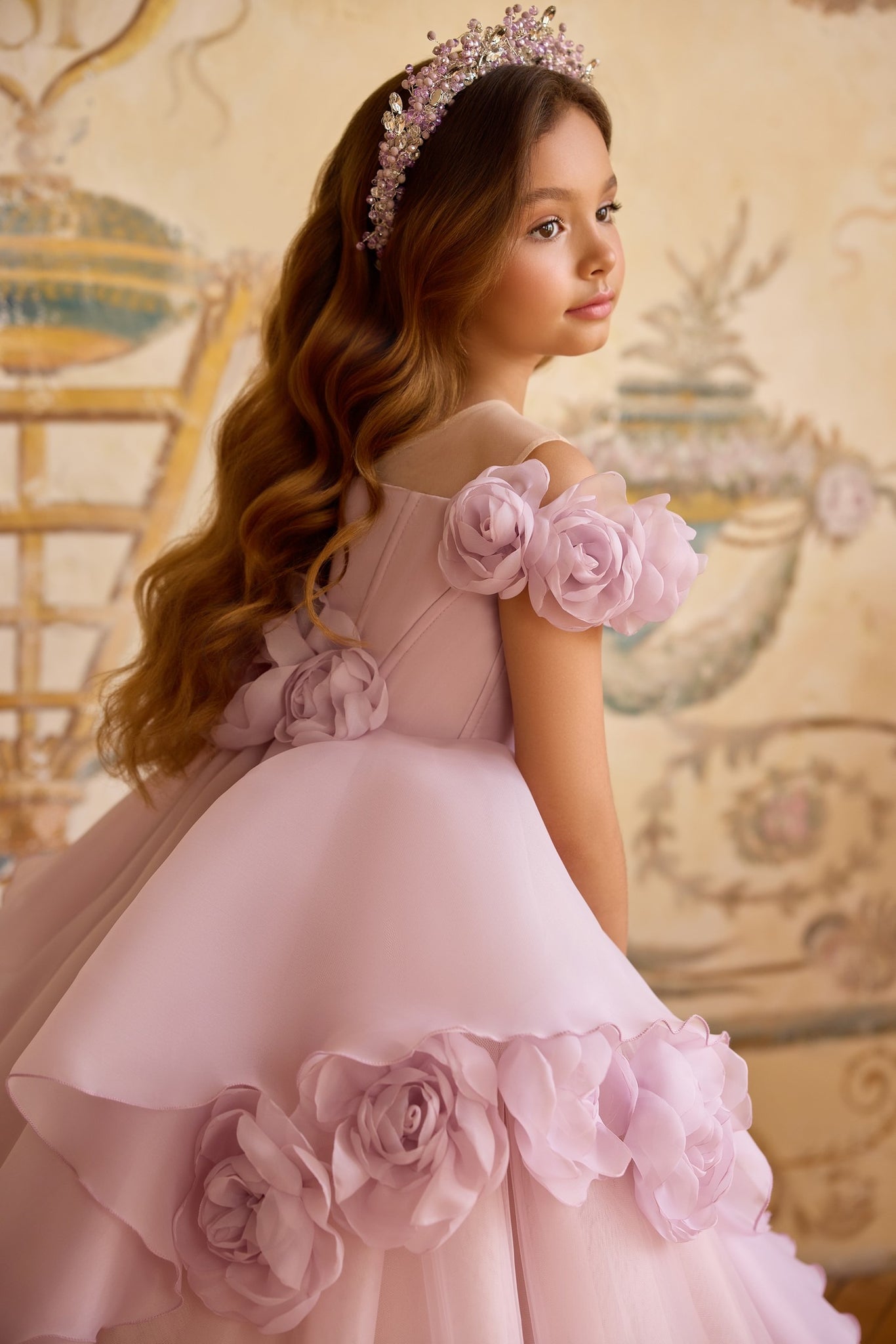 Pentelei 3812 princess gown with floral applique and train | Girls Formal Dress