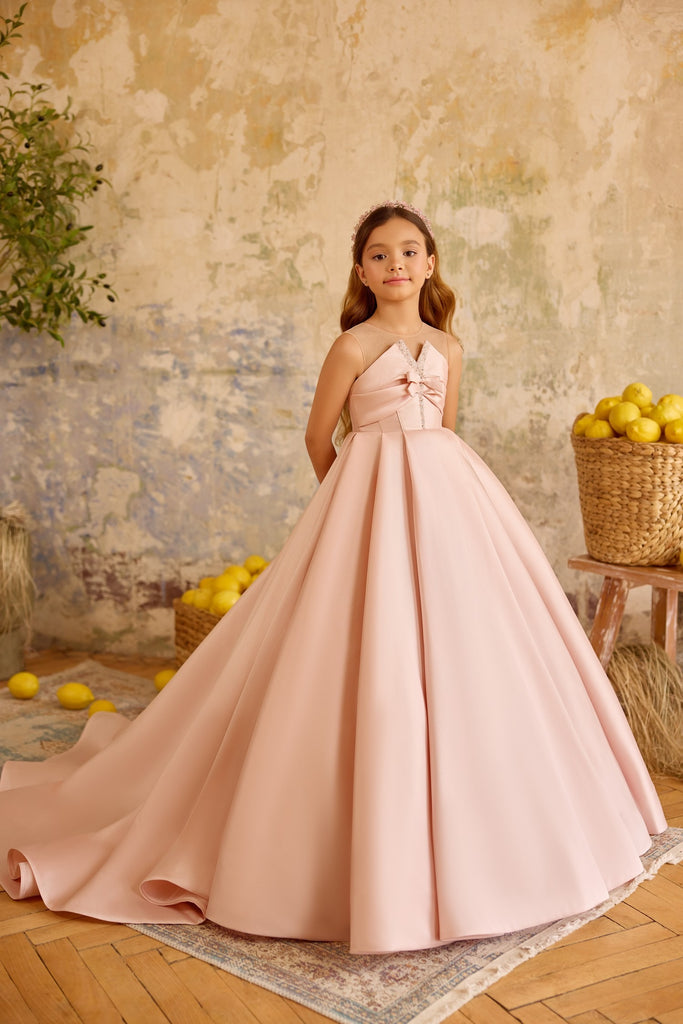 Pentelei 3813 elegant ball gown with illusion neckline and train | Girls Formal Dress