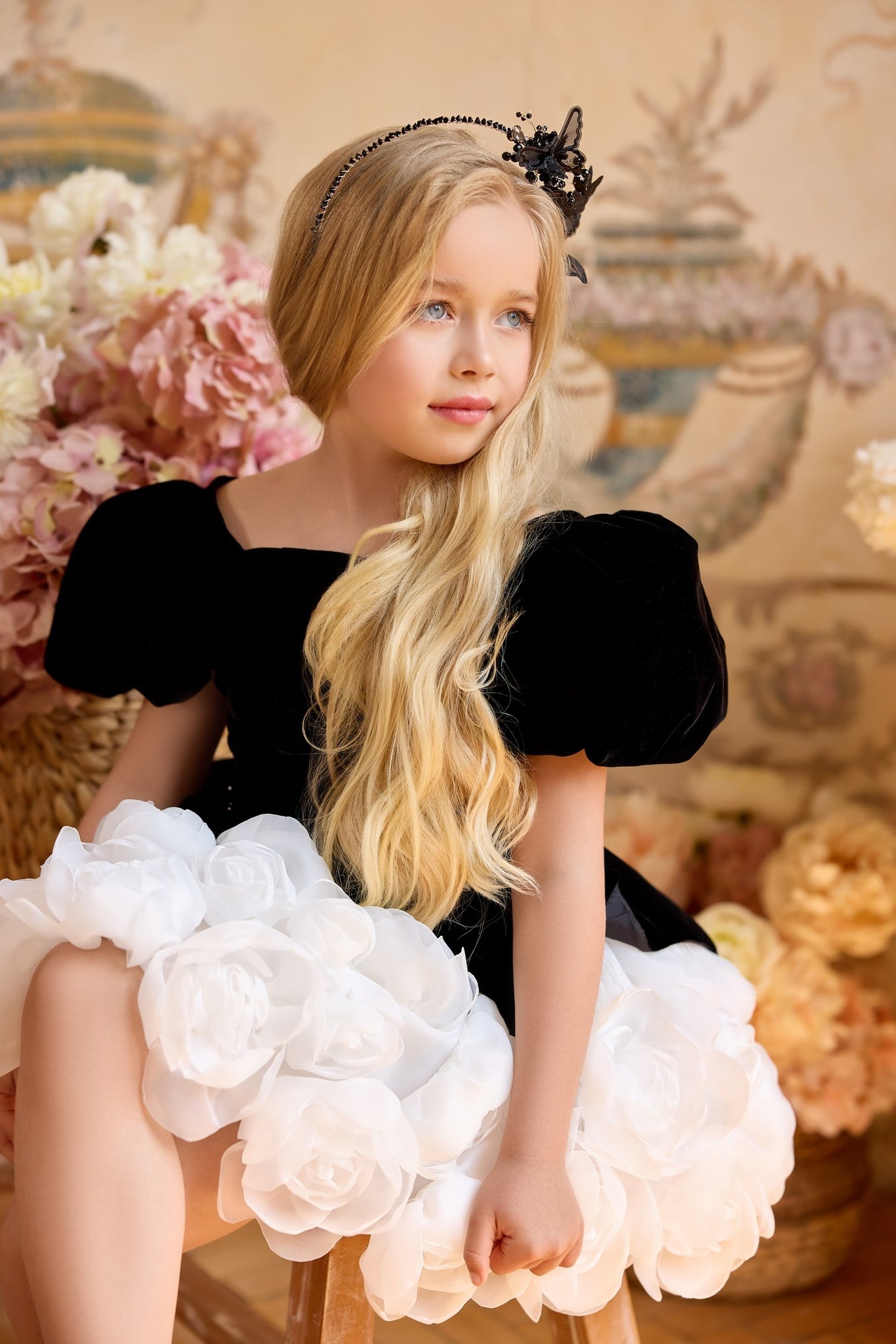 Pentelei 3814 puff sleeve dress with floral applique | Girls Formal Dress