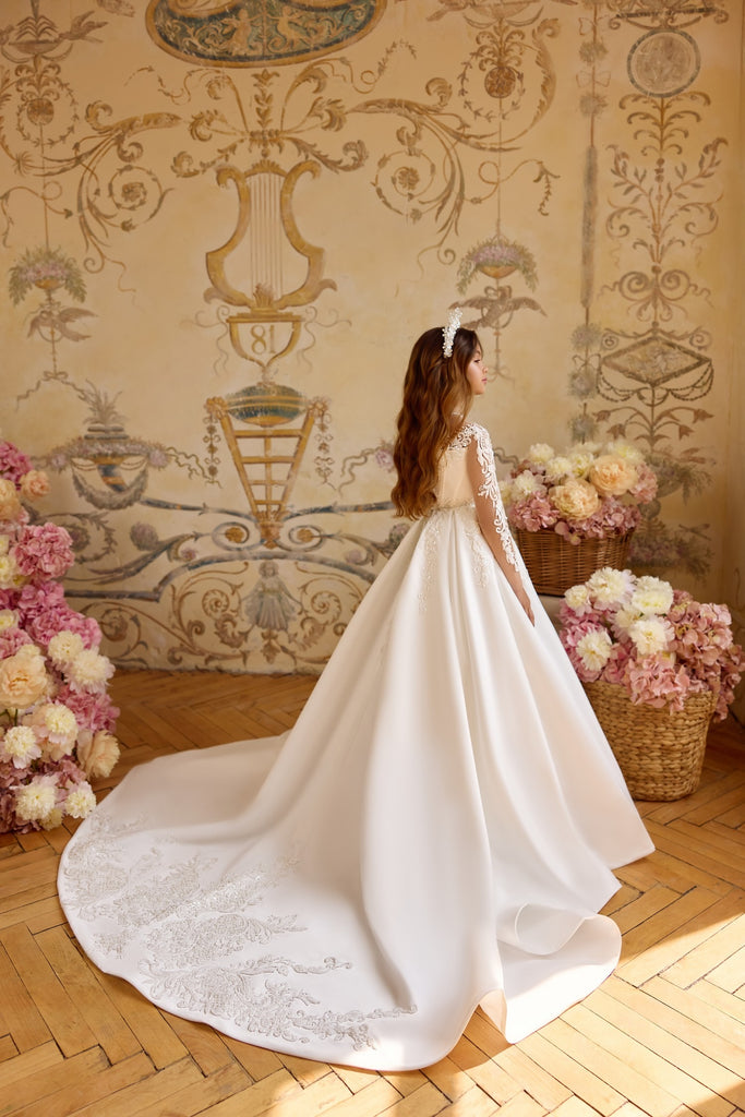 Pentelei 3816 regal gown with lace embroidery and pearl details | Girls Formal Dress