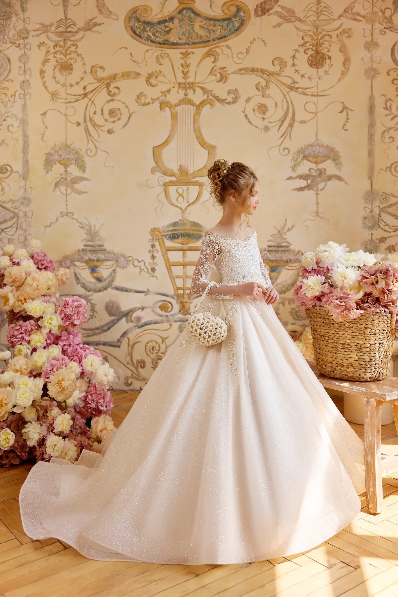 Pentelei 3820 elegant gown with floral applique and pearl buttons | Girls Formal Dress