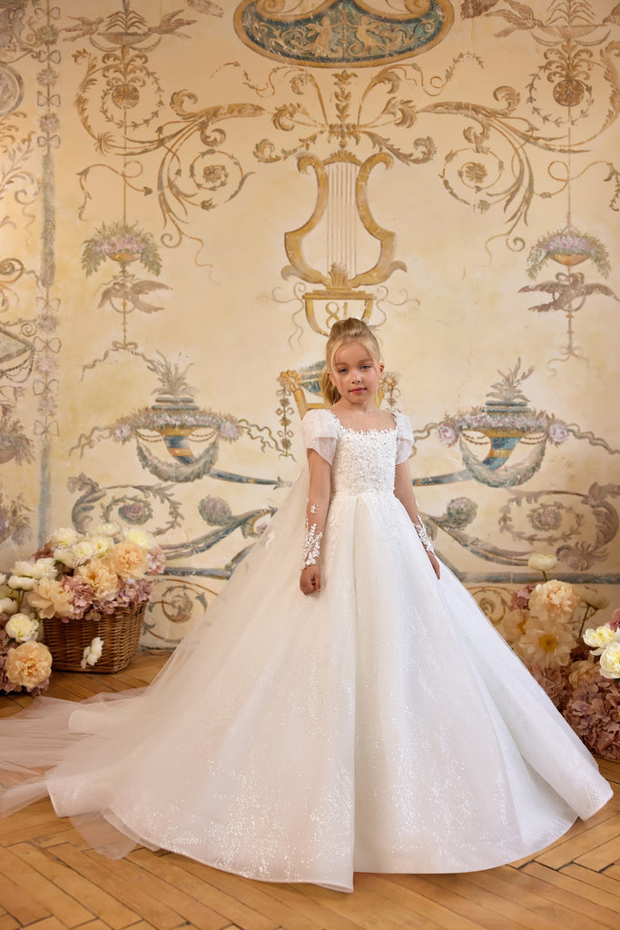Pentelei 3821 floral applique gown with puff sleeves and train | Girls Formal Dress