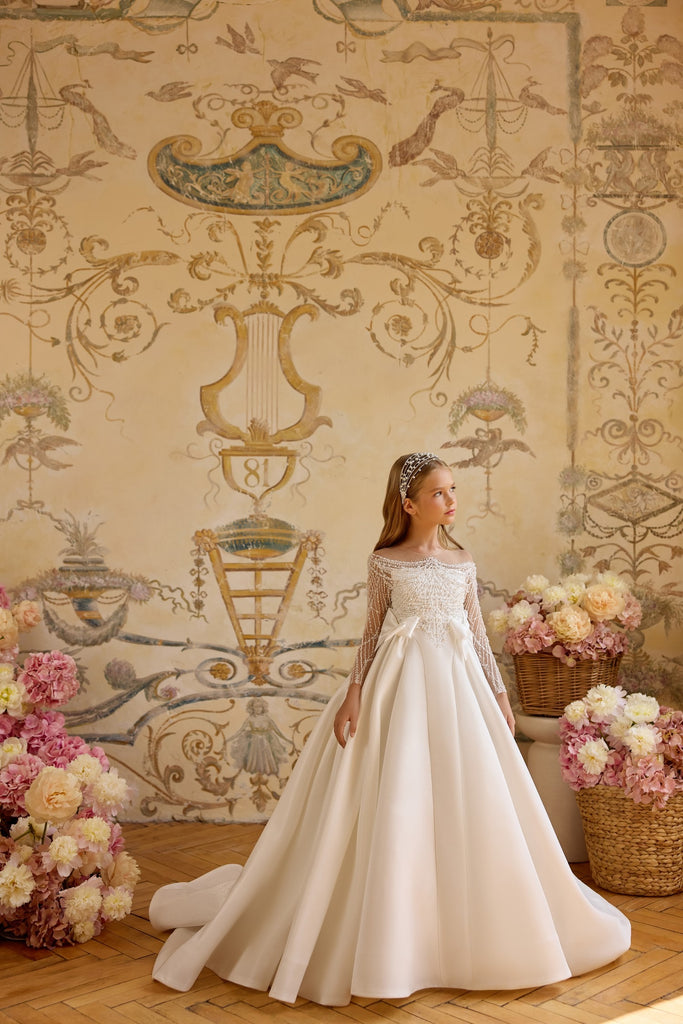 Pentelei 3823 regal beaded gown with sheer sleeves | Girls Formal Dress