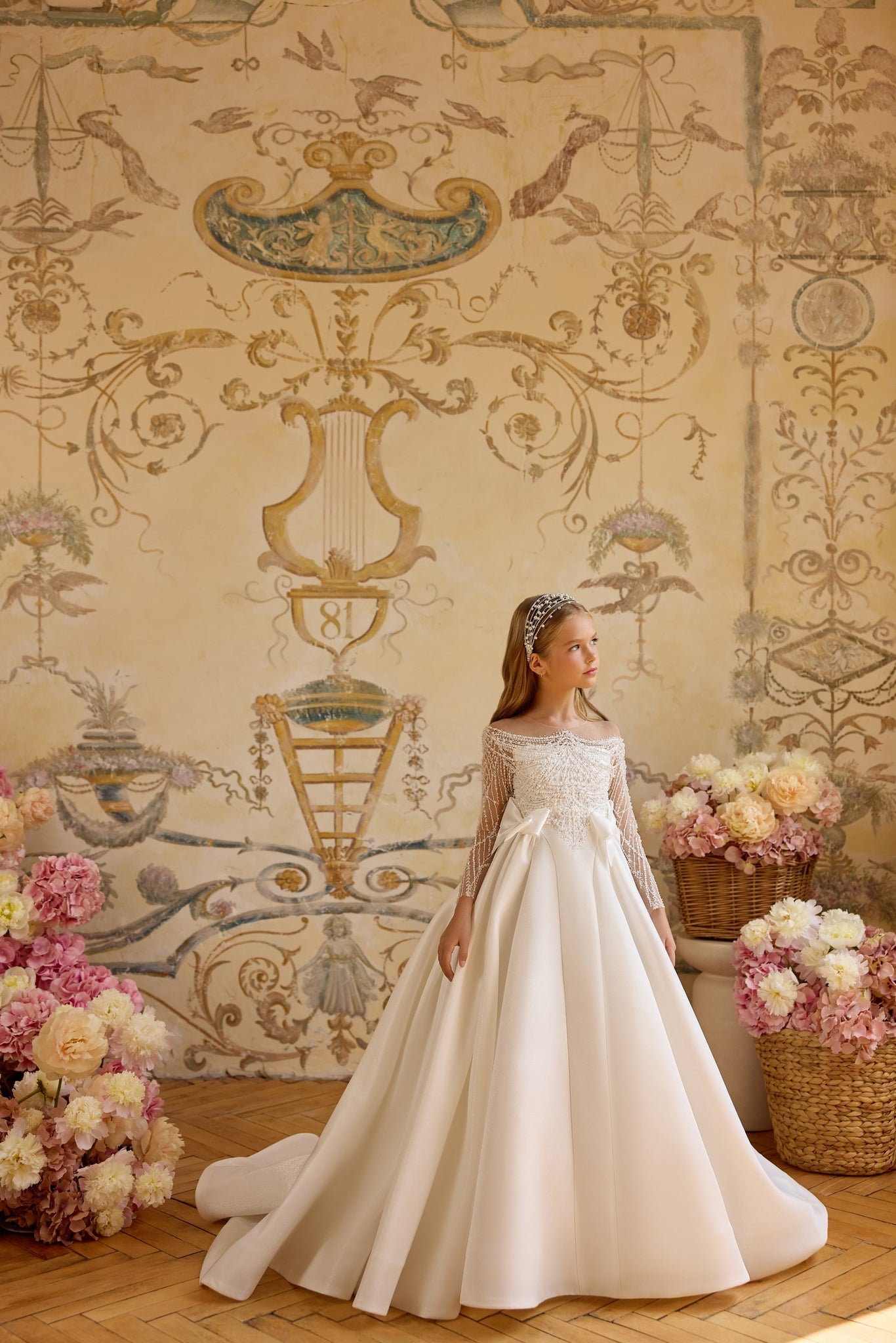 Pentelei 3823 regal beaded gown with sheer sleeves | Girls Formal Dress