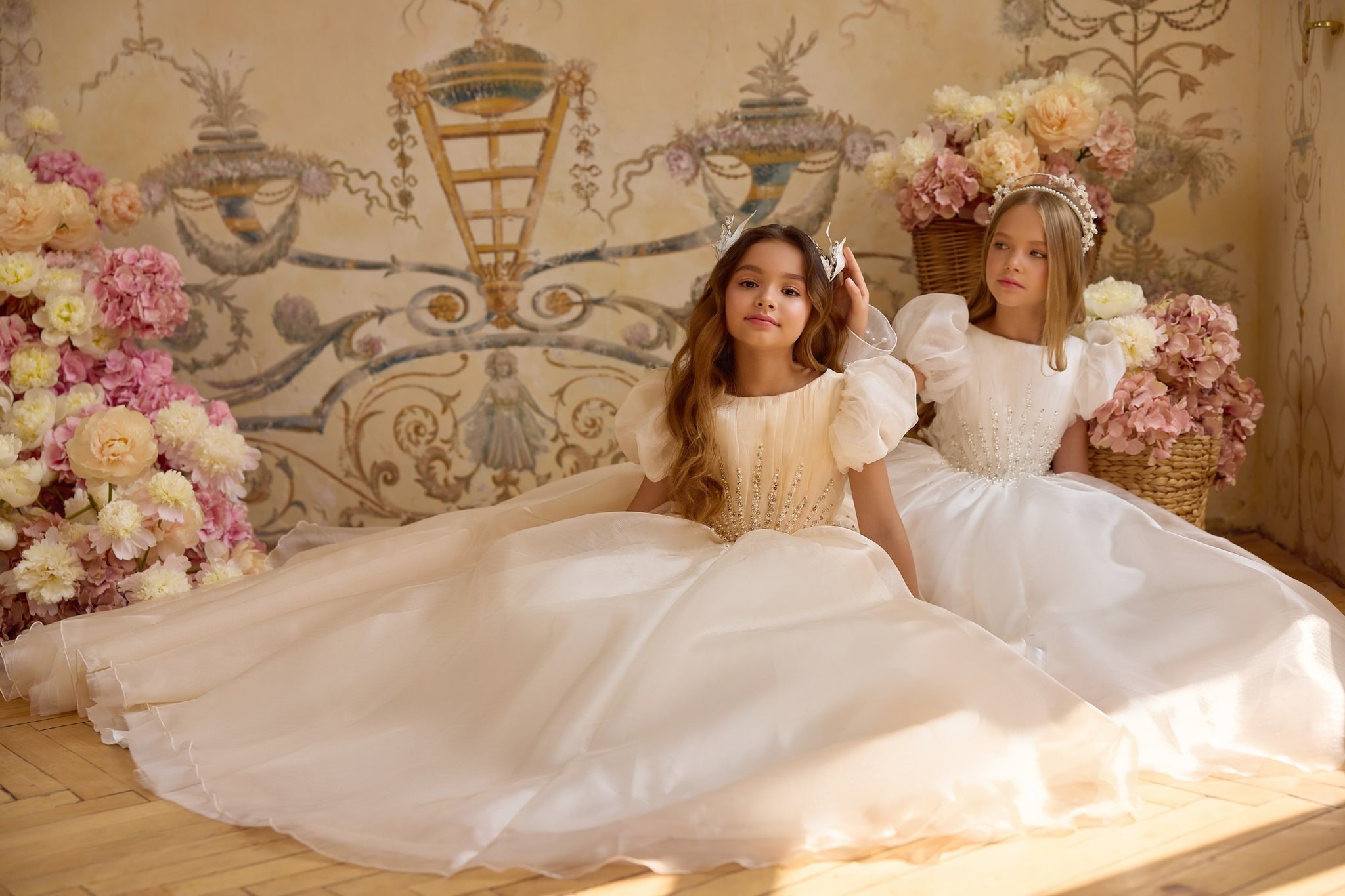 Pentelei 3824 puff sleeve gown with vertical beadwork | Girls Formal Dress