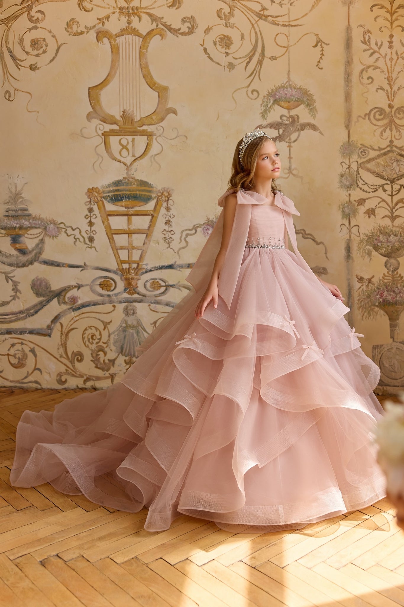 Pentelei 3826 tiered layer ballgown with bow accents | Girls Formal Dress