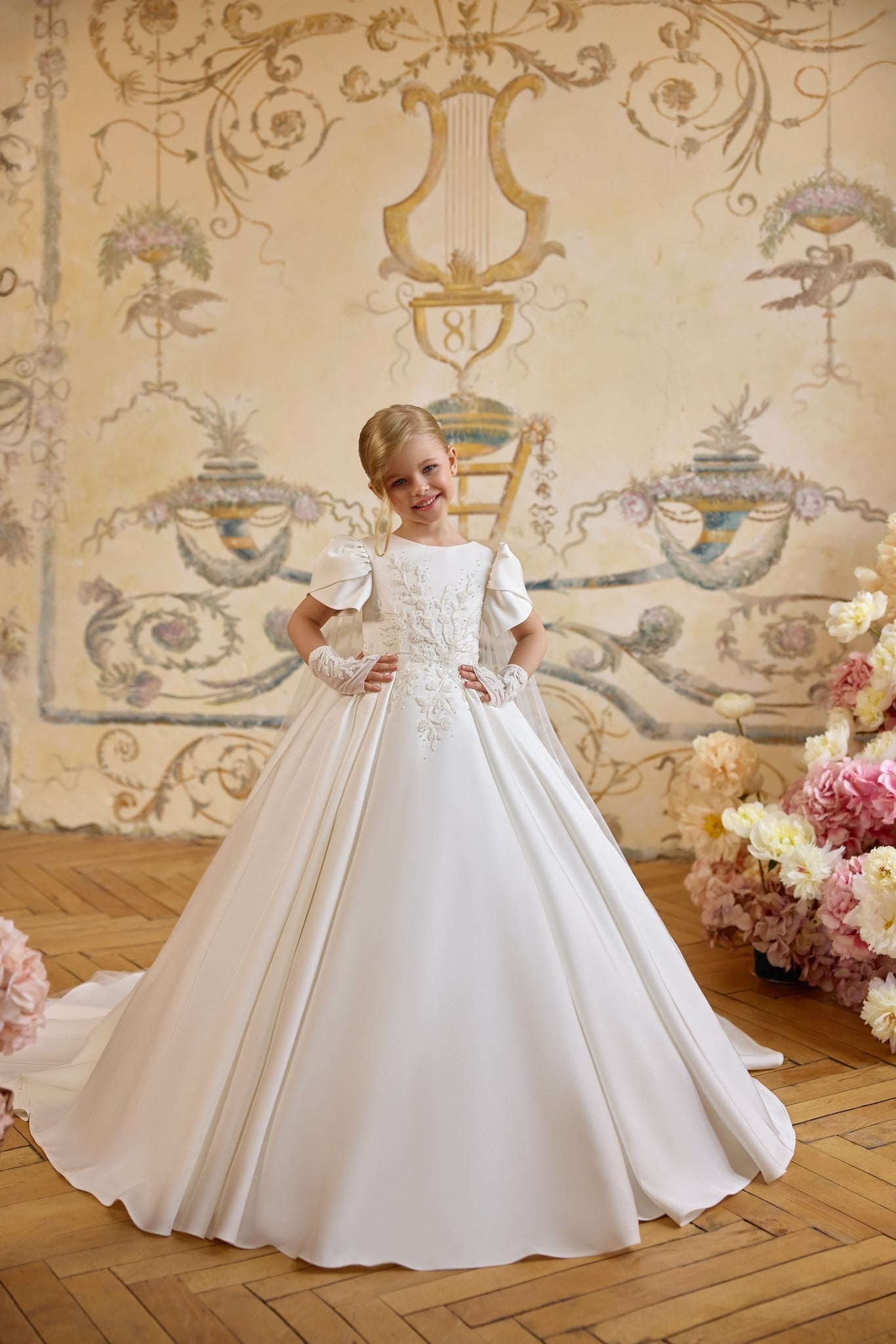 Pentelei 3828 structured gown with embroidery and button back | Girls Formal Dress