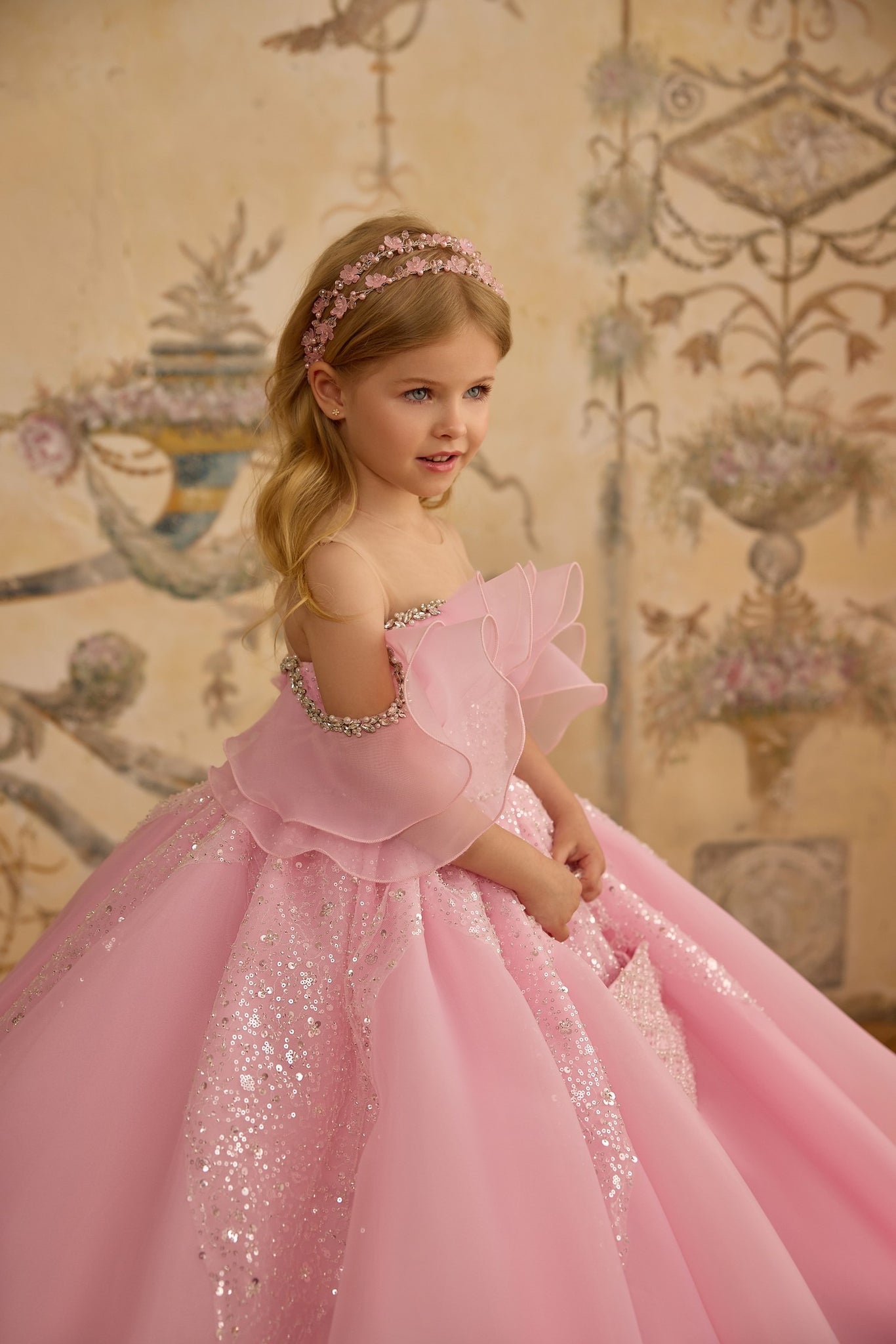 Pentelei 3830 off-shoulder princess gown with sparkling skirt | Girls Formal Dress