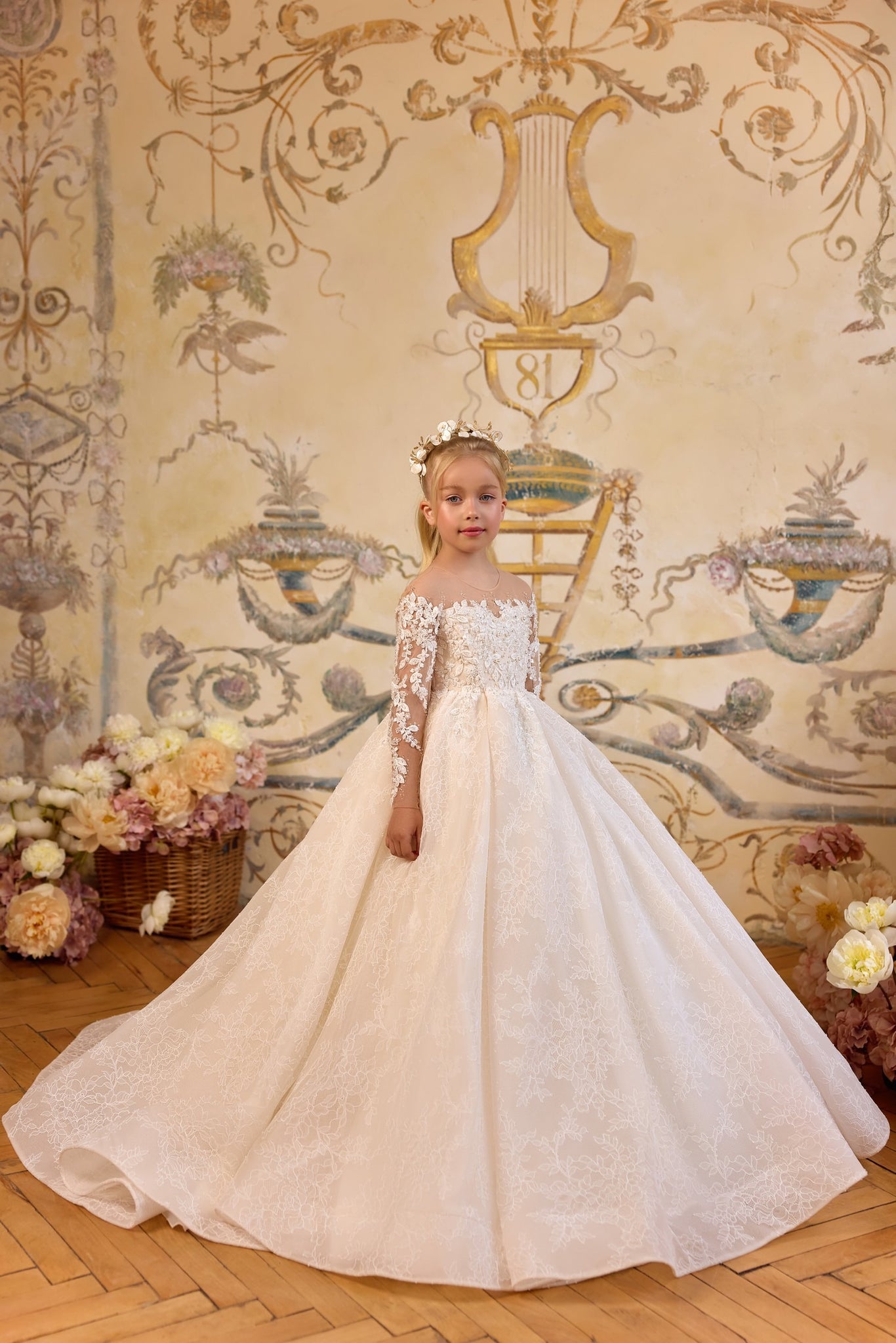 Pentelei 3831 floral applique gown with illusion back | Girls Formal Dress