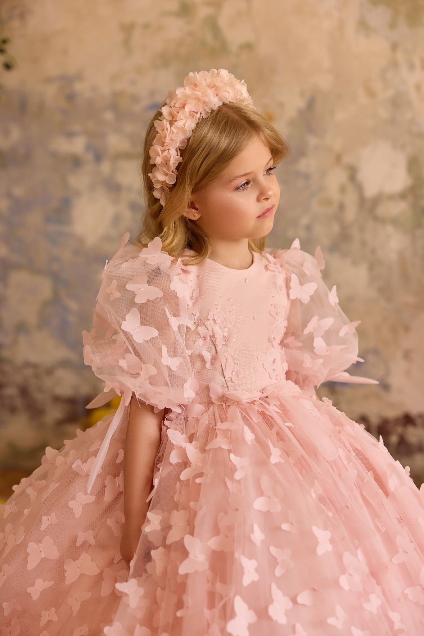 Pentelei 3835 butterfly applique gown with puffed sleeves | Girls Formal Dress