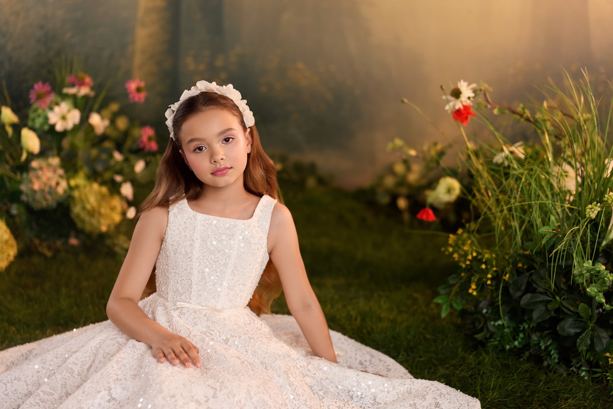 Girl wearing white lace dress and floral headband sitting in a garden