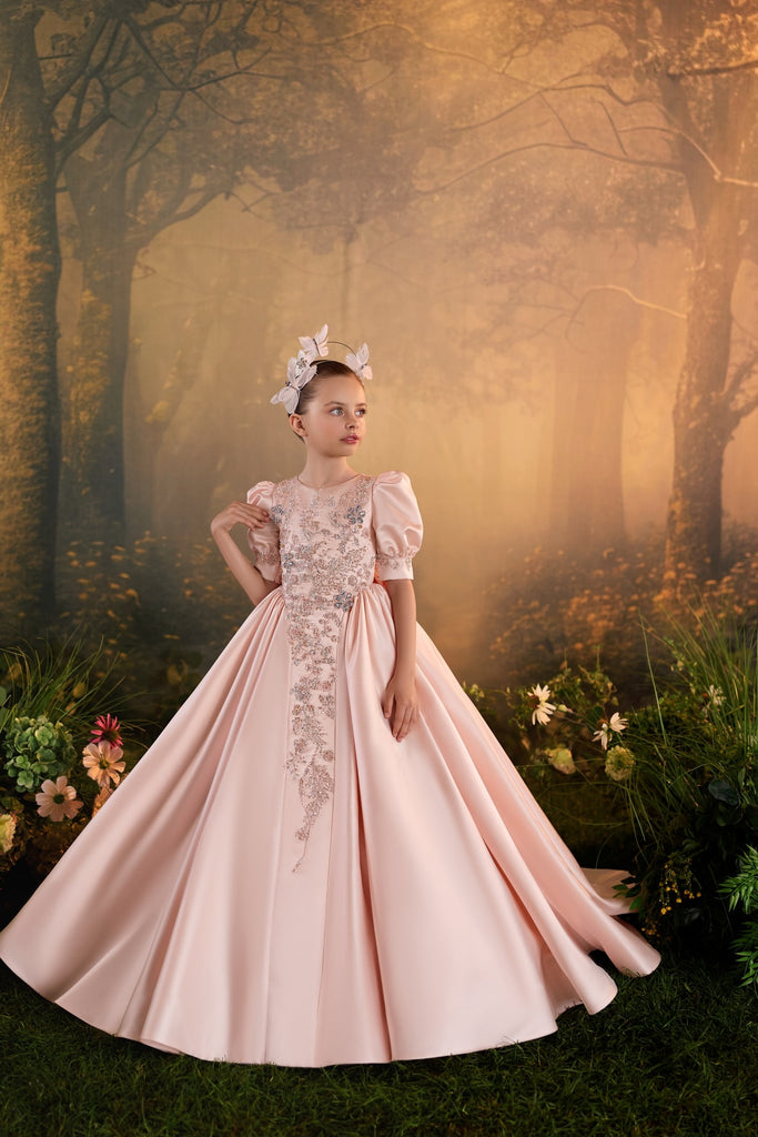 Pentelei 3941 short dress with puff sleeves and shimmering embellished bodice | Girls Formal Dress