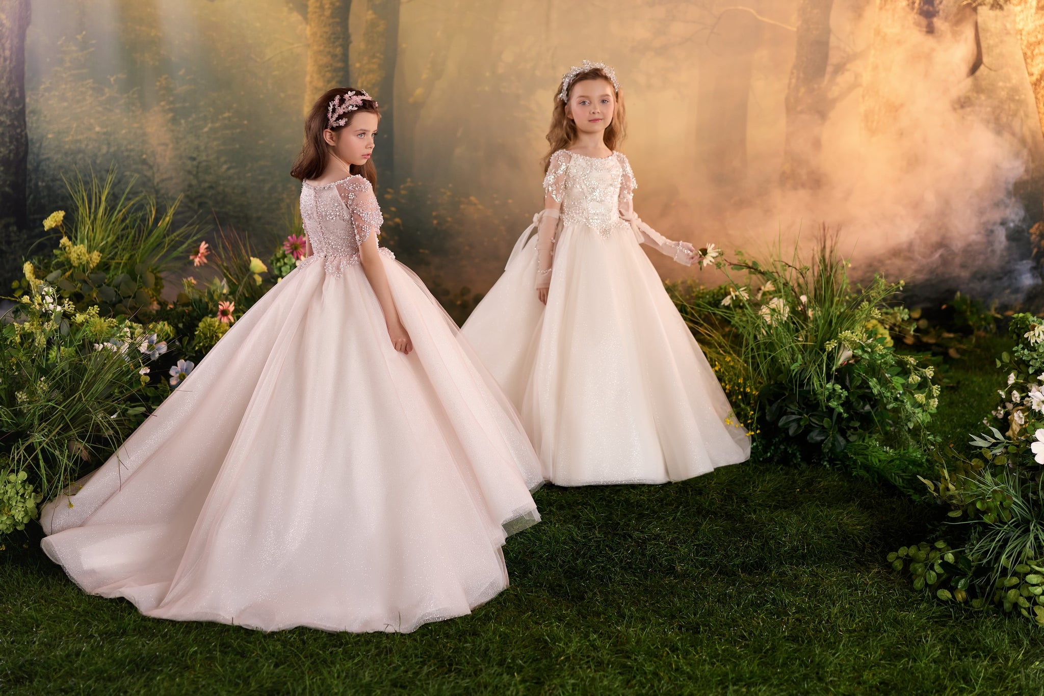 Pentelei 3943 ball gown with embellished bodice, sheer short sleeves, and full tulle skirt | Girls Formal Dress