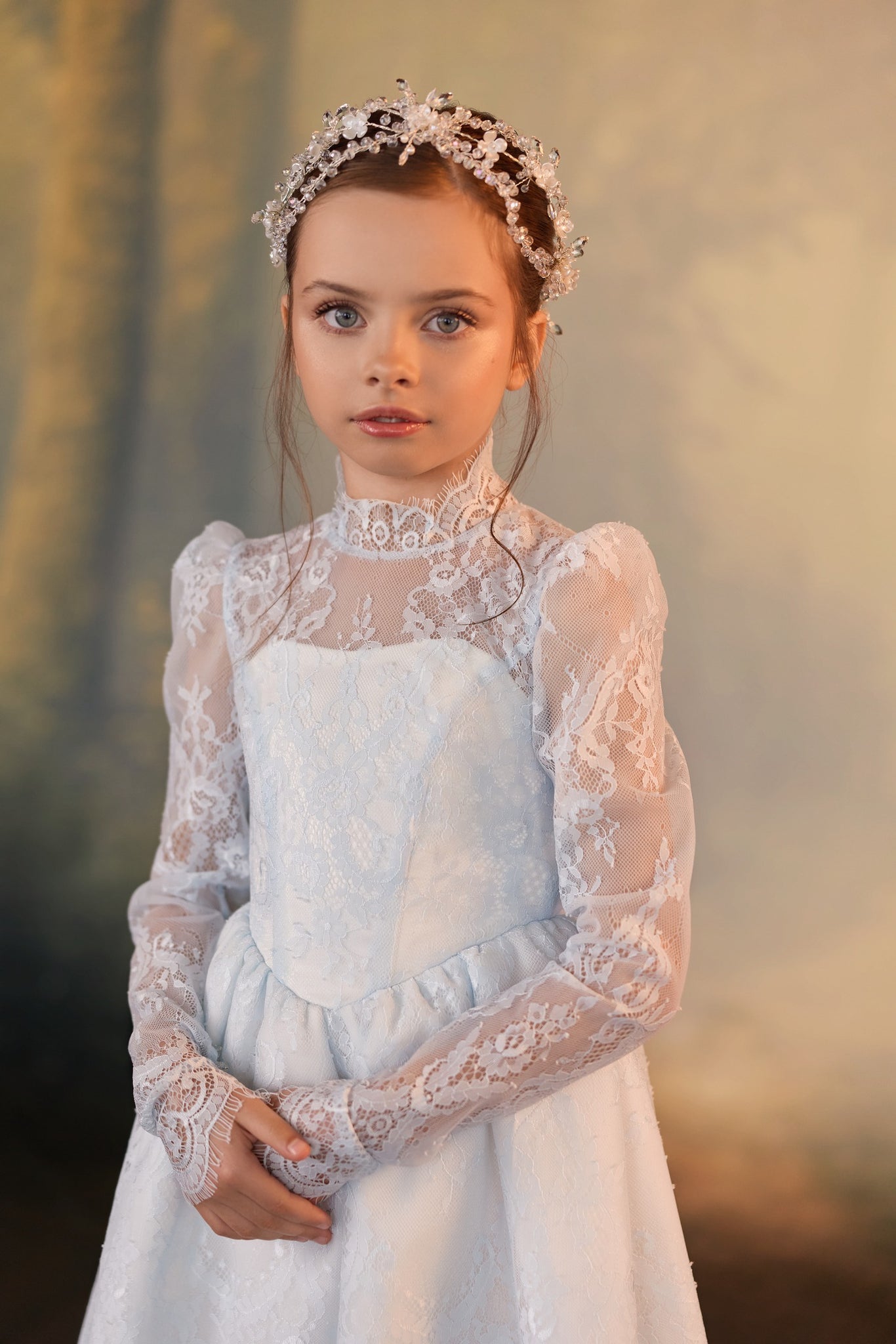 Close view of Pentelei 3945 with high lace neckline and sheer floral lace sleeves | Girls Formal Dress