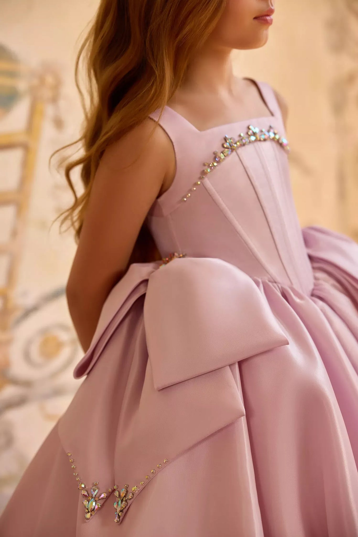 Pentelei 3818 ball gown with oversized bows and beaded neckline | Girls Formal Dress