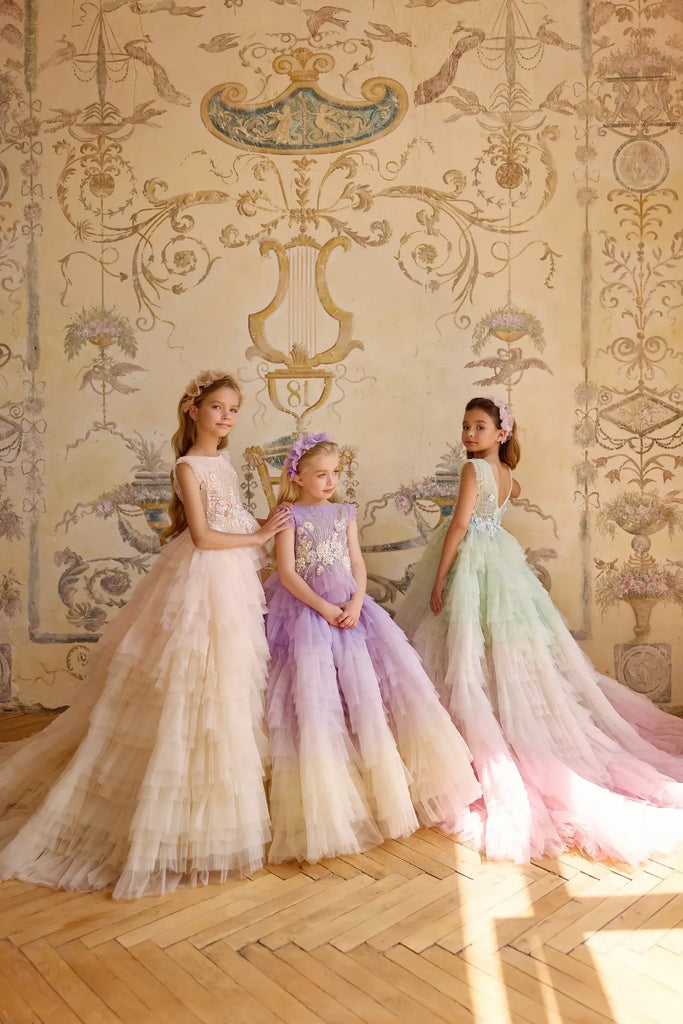Pentelei 3822 ombre ruffle gown with embellished gloves | Girls Formal Dress