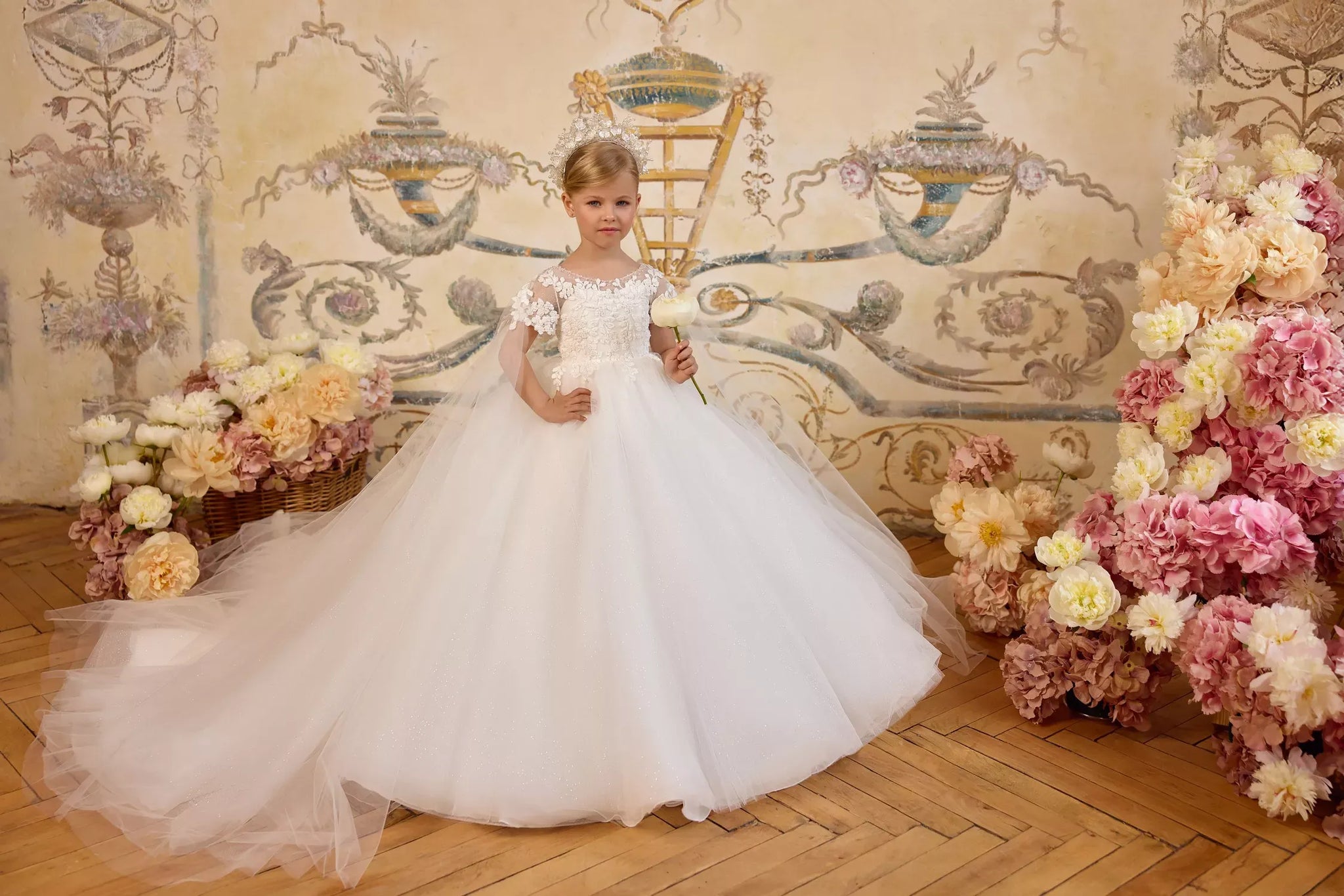 Pentelei 3825 embroidered gown with sheer sleeves and buttoned back | Girls Formal Dress