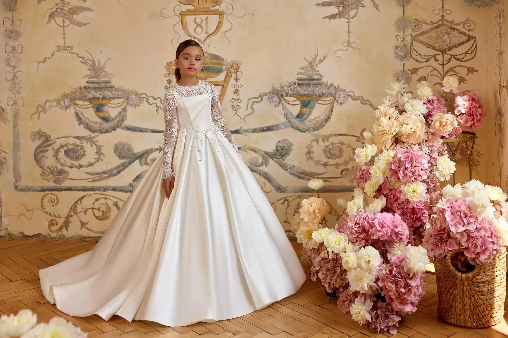 Pentelei 3827 pearl embellished ballgown with lace sleeves | Girls Formal Dress