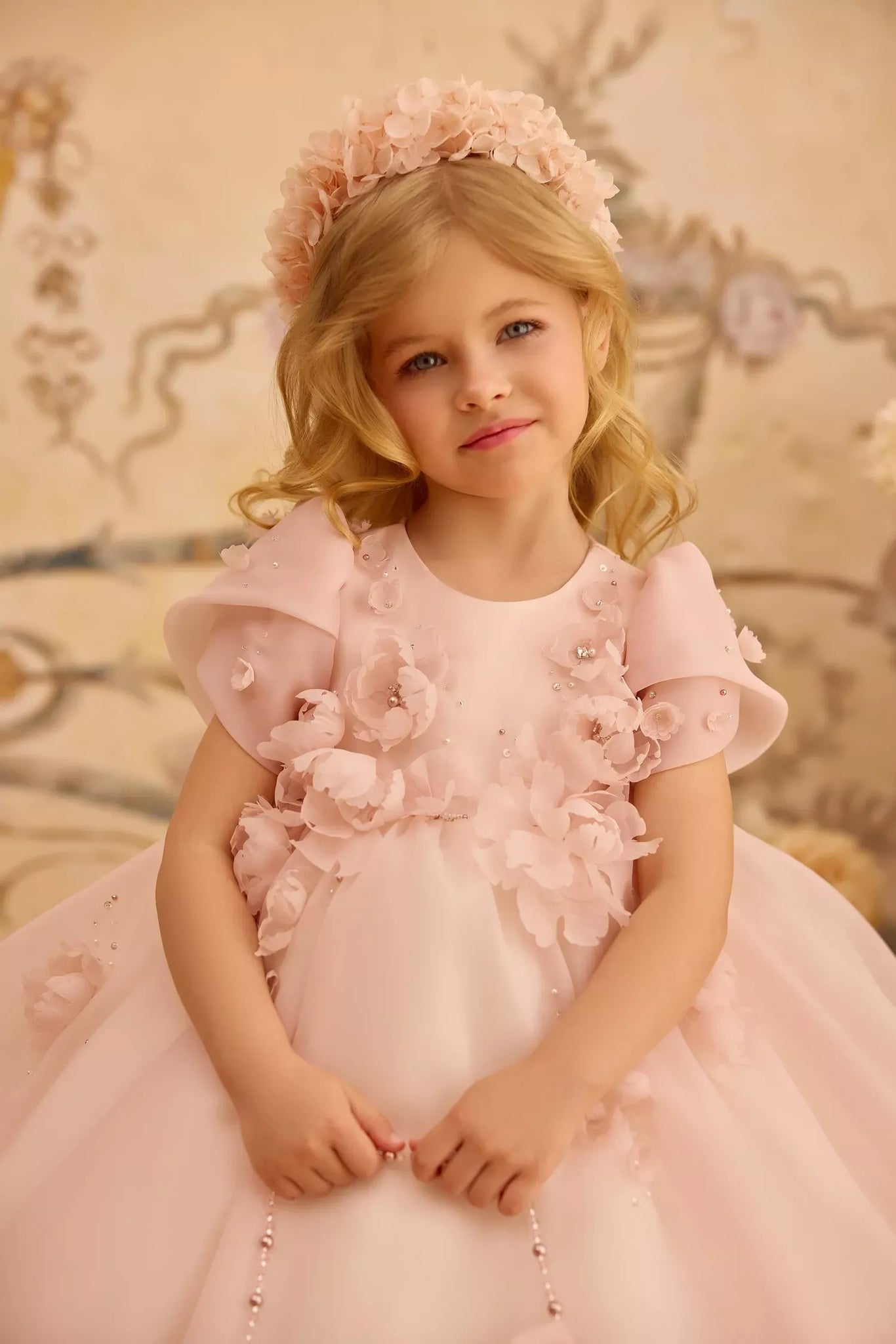 Pentelei 3829 floral applique ball gown with button back | Girls Formal Dress