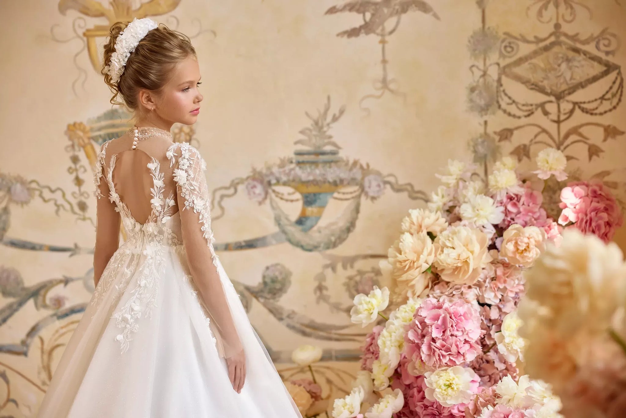 Pentelei 3832 floral applique gown with sheer neckline and open back | Girls Formal Dress