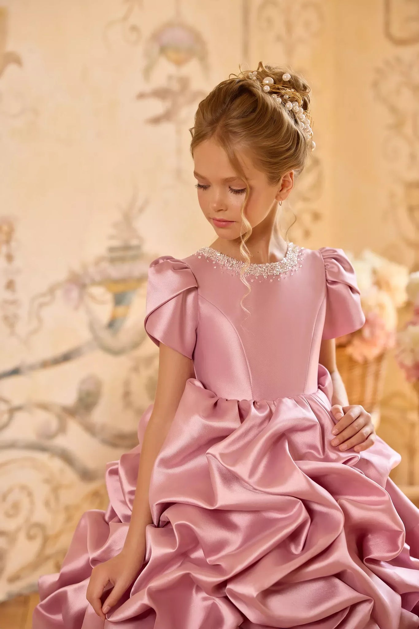 Pentelei 3833 ruffled statement gown with puff sleeves | Girls Formal Dress