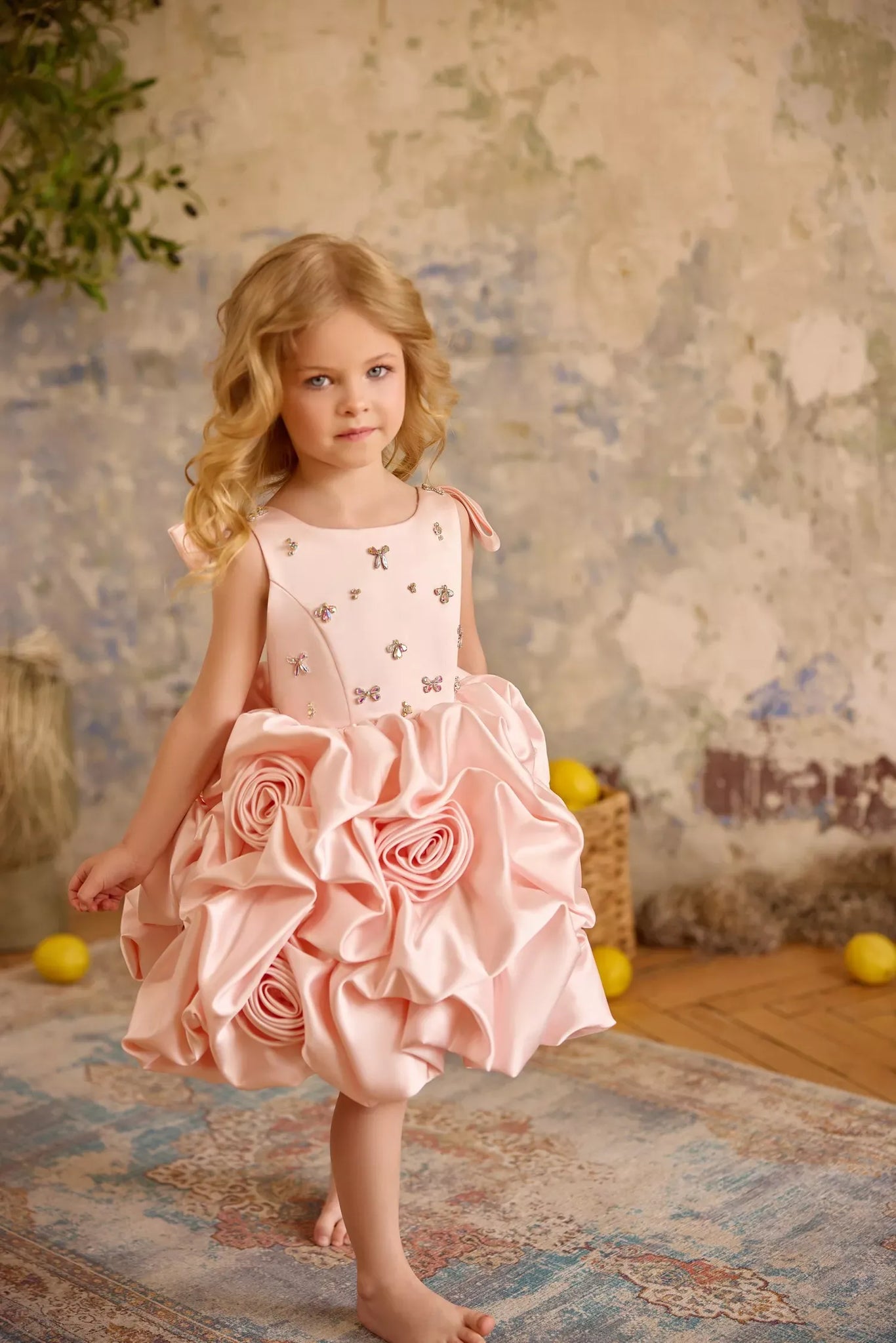 Pentelei 3834 rosette ruffled dress with bow shoulders | Girls Formal Dress