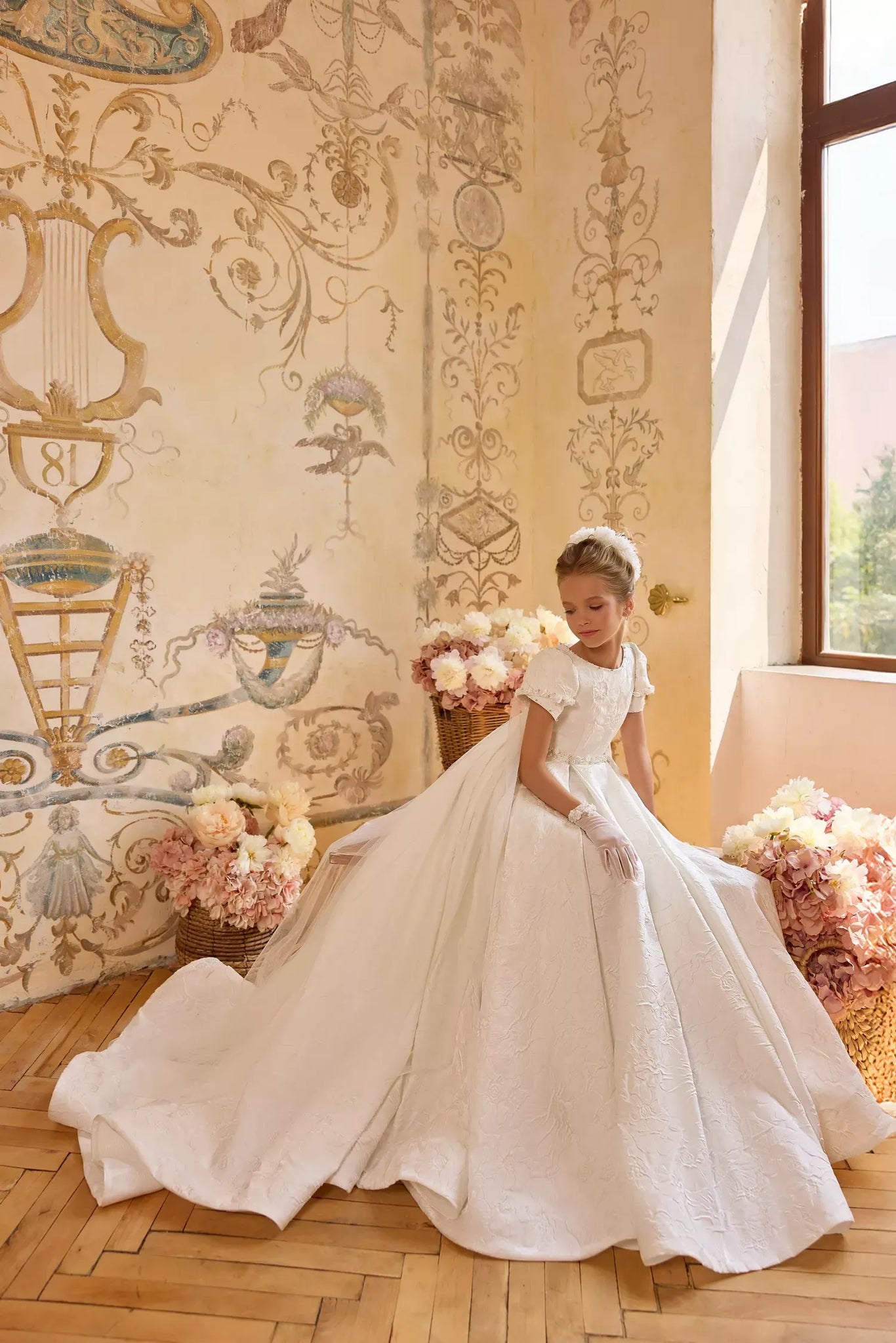 Pentelei 3836 puff sleeve gown with detachable cape | Girls Formal Dress