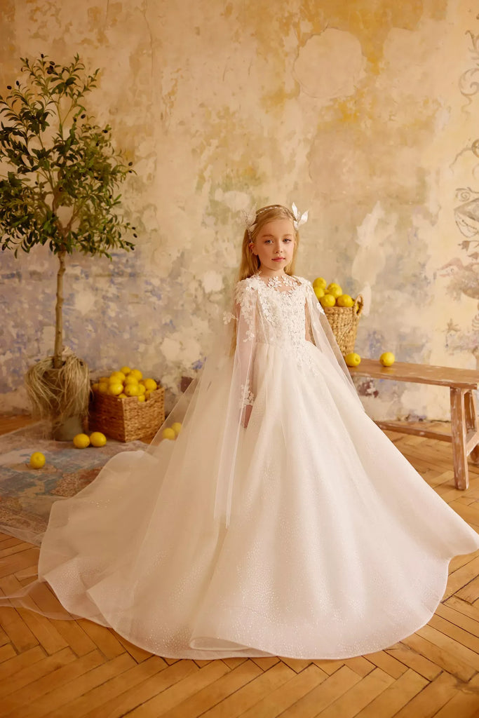Pentelei 3837 fairytale gown with floral applique and cape | Girls Formal Dress