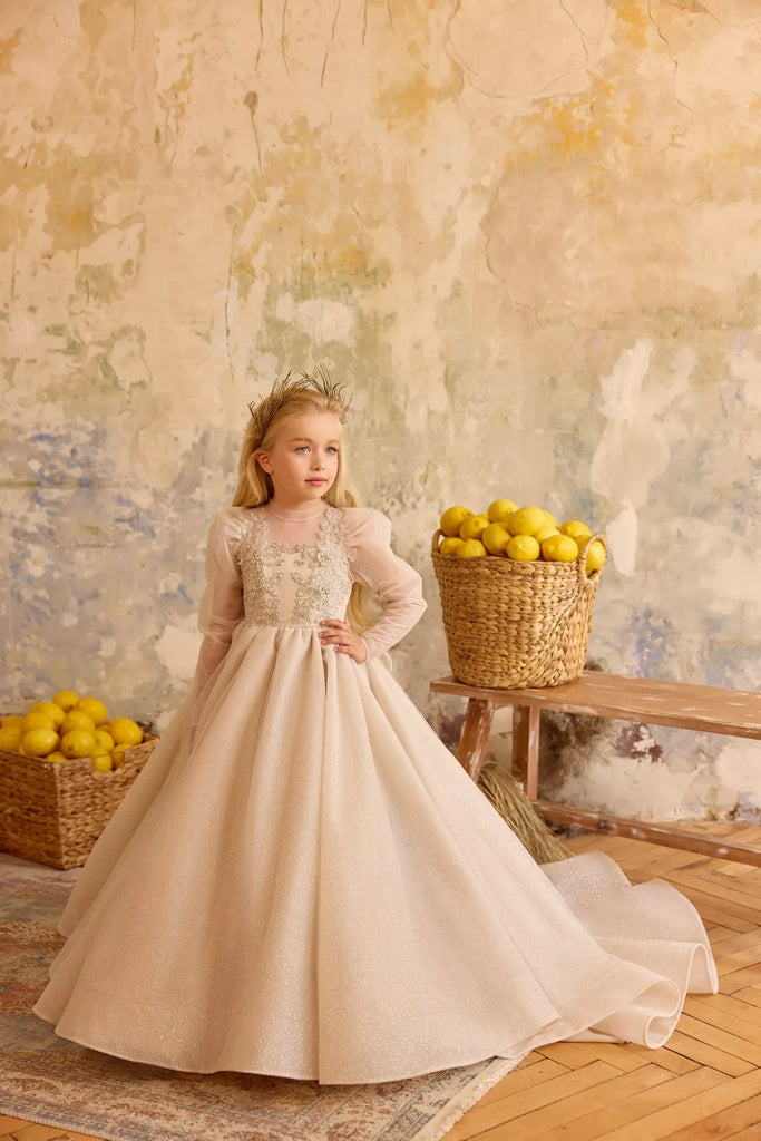 Pentelei 3841 elegant gown with floral applique and bow back | Girls Formal Dress