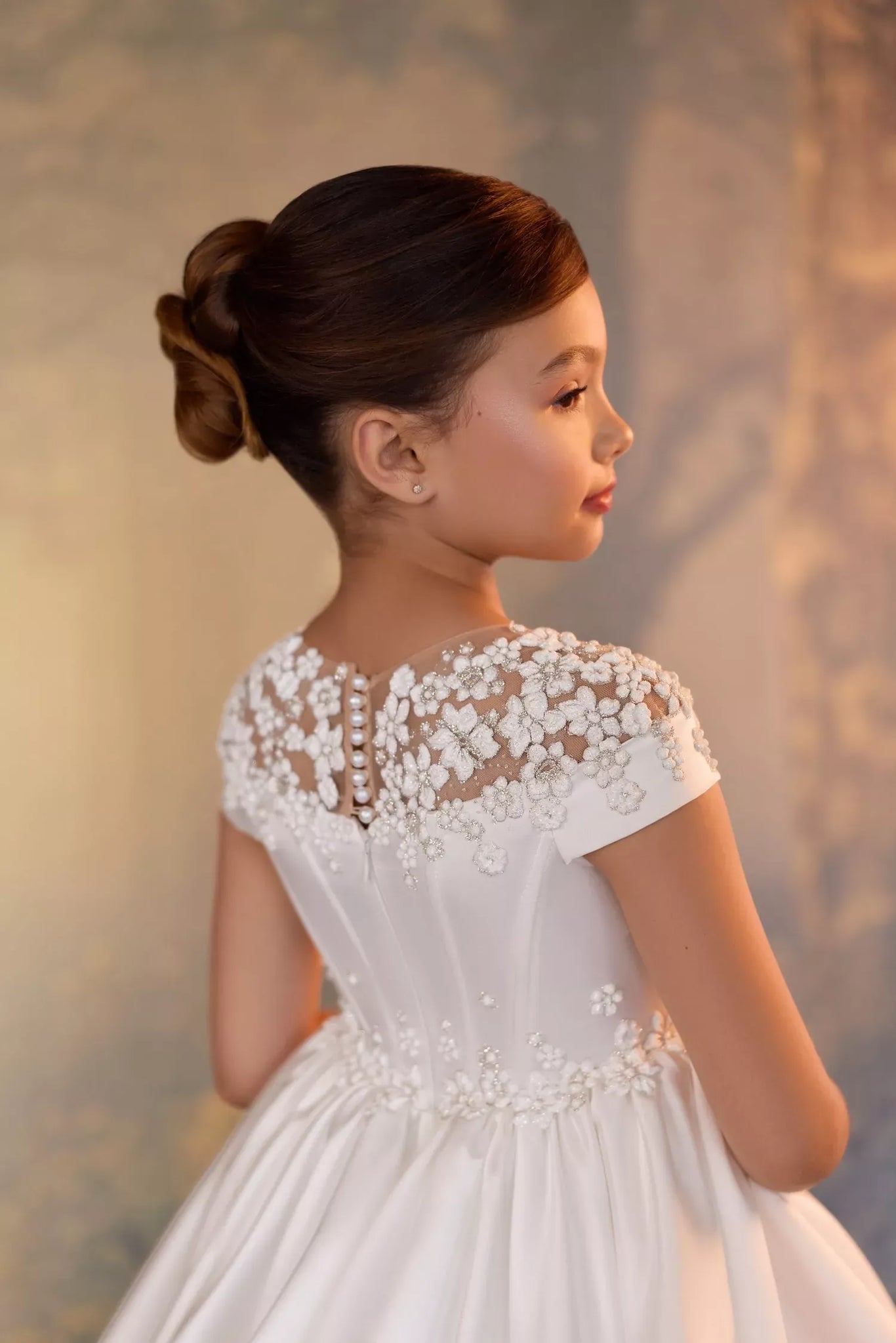 Pentelei 3942 ball gown with included lace-trimmed cape and long train | Girls Formal Dress