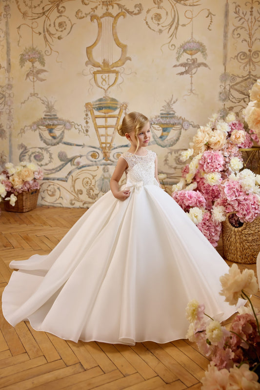Pentelei 3809 pearl bodice gown with illusion neckline and bows | Girls Formal Dress