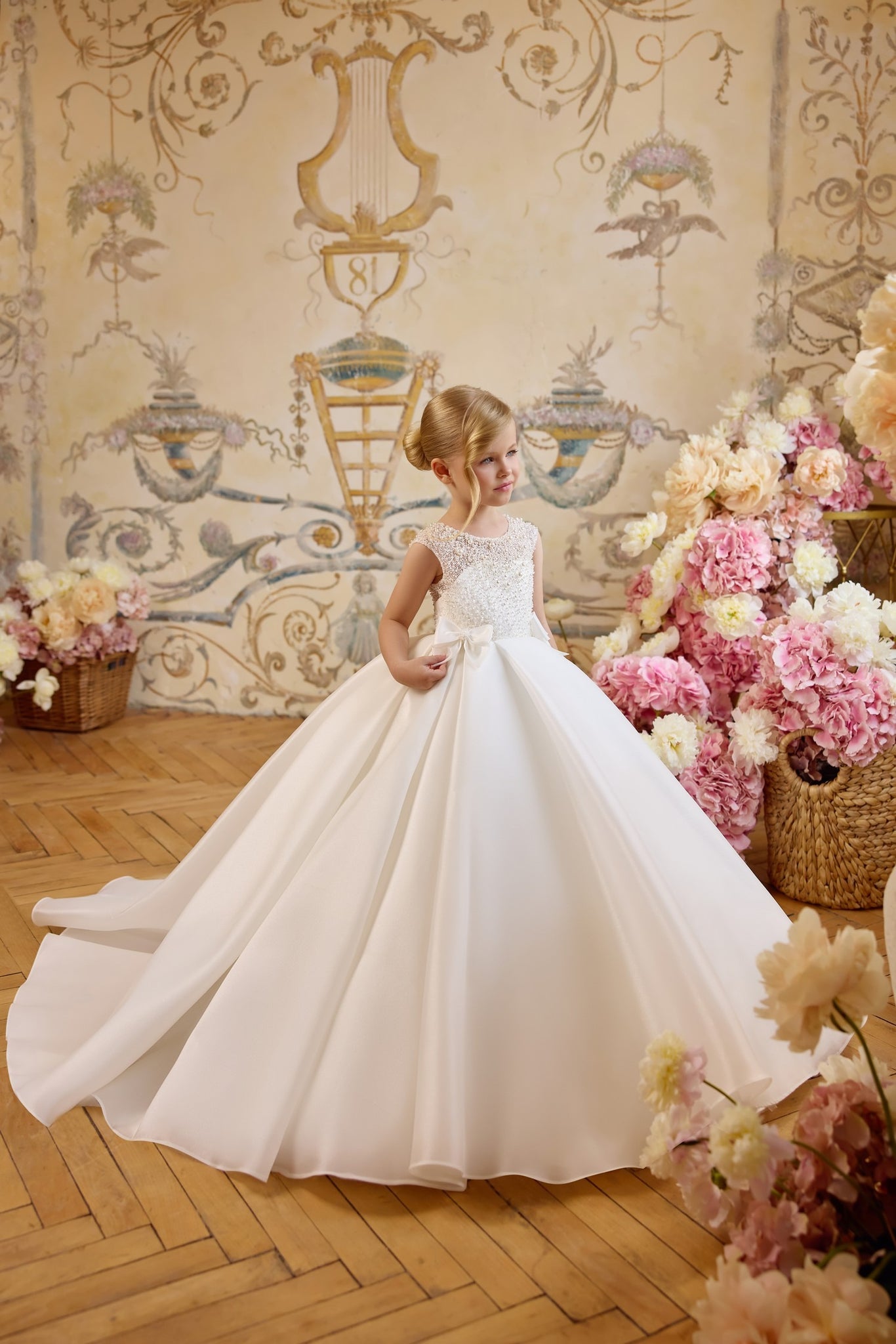 Pentelei 3809 pearl bodice gown with illusion neckline and bows | Girls Formal Dress