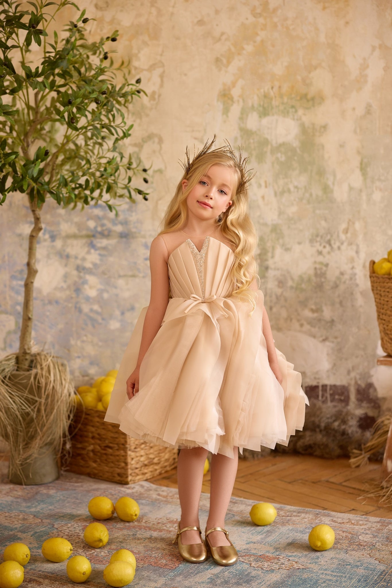 Pentelei 3811 v-neck flower girl dress with bow waist | Girls Formal Dress
