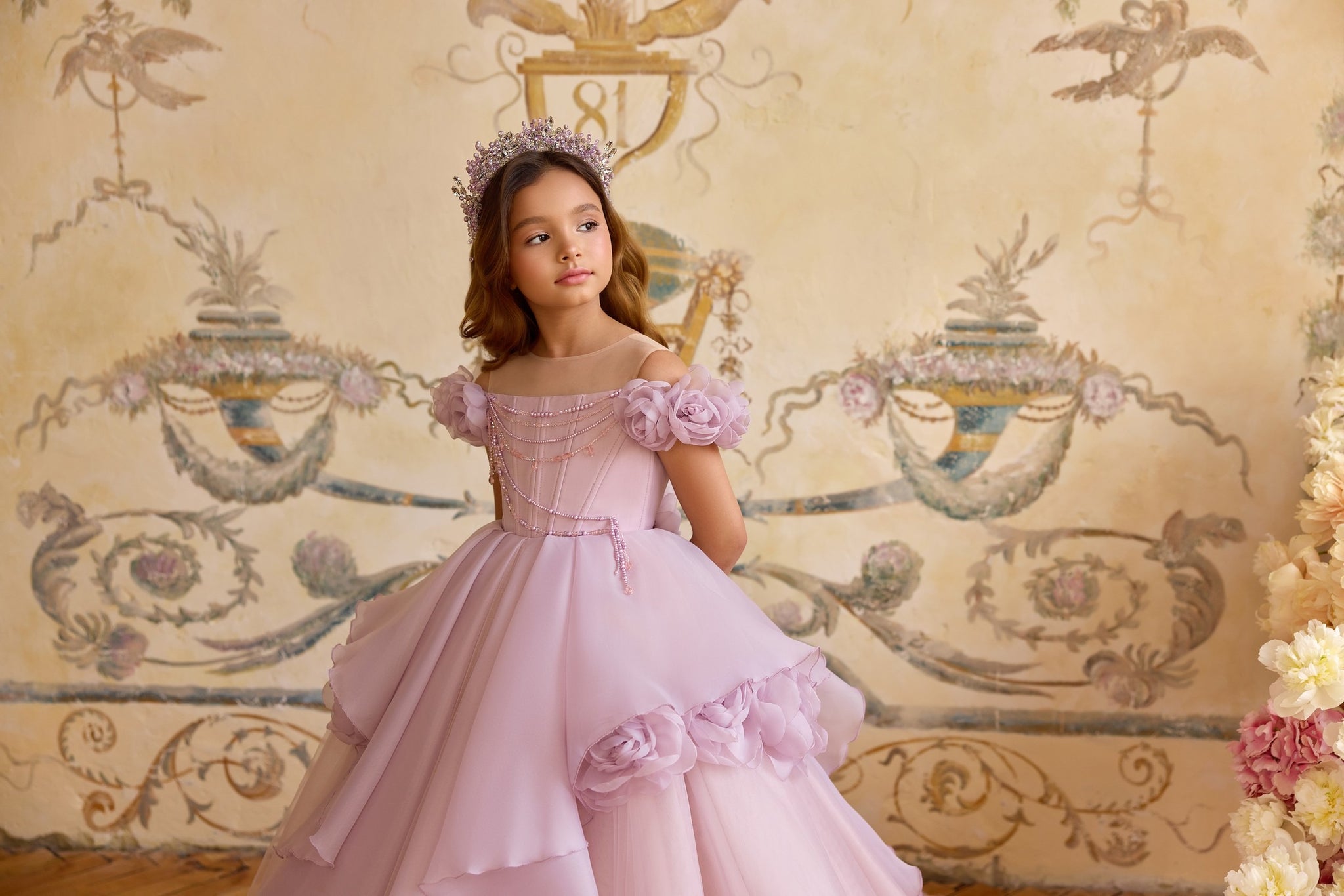Pentelei 3812 princess gown with floral applique and train | Girls Formal Dress