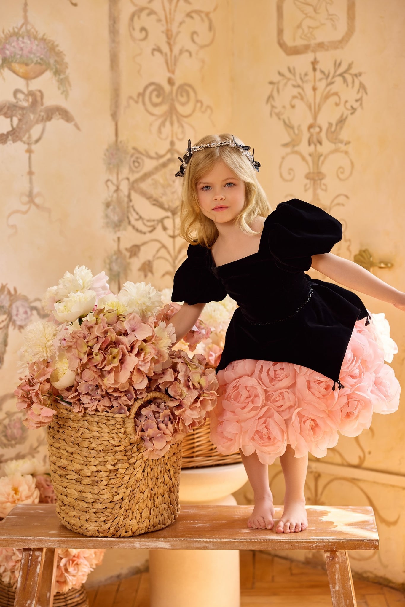 Pentelei 3814 puff sleeve dress with floral applique | Girls Formal Dress