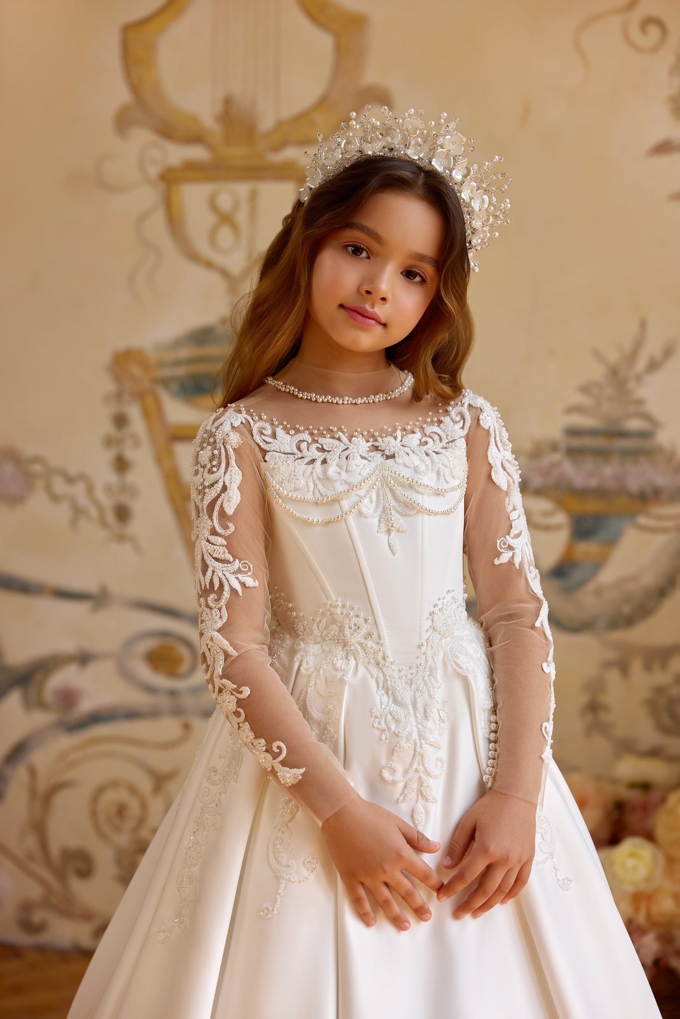 Pentelei 3816 regal gown with lace embroidery and pearl details | Girls Formal Dress