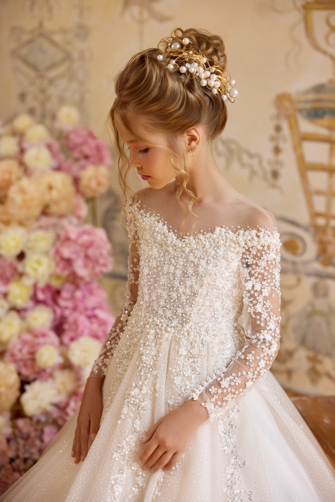 Pentelei 3820 elegant gown with floral applique and pearl buttons | Girls Formal Dress