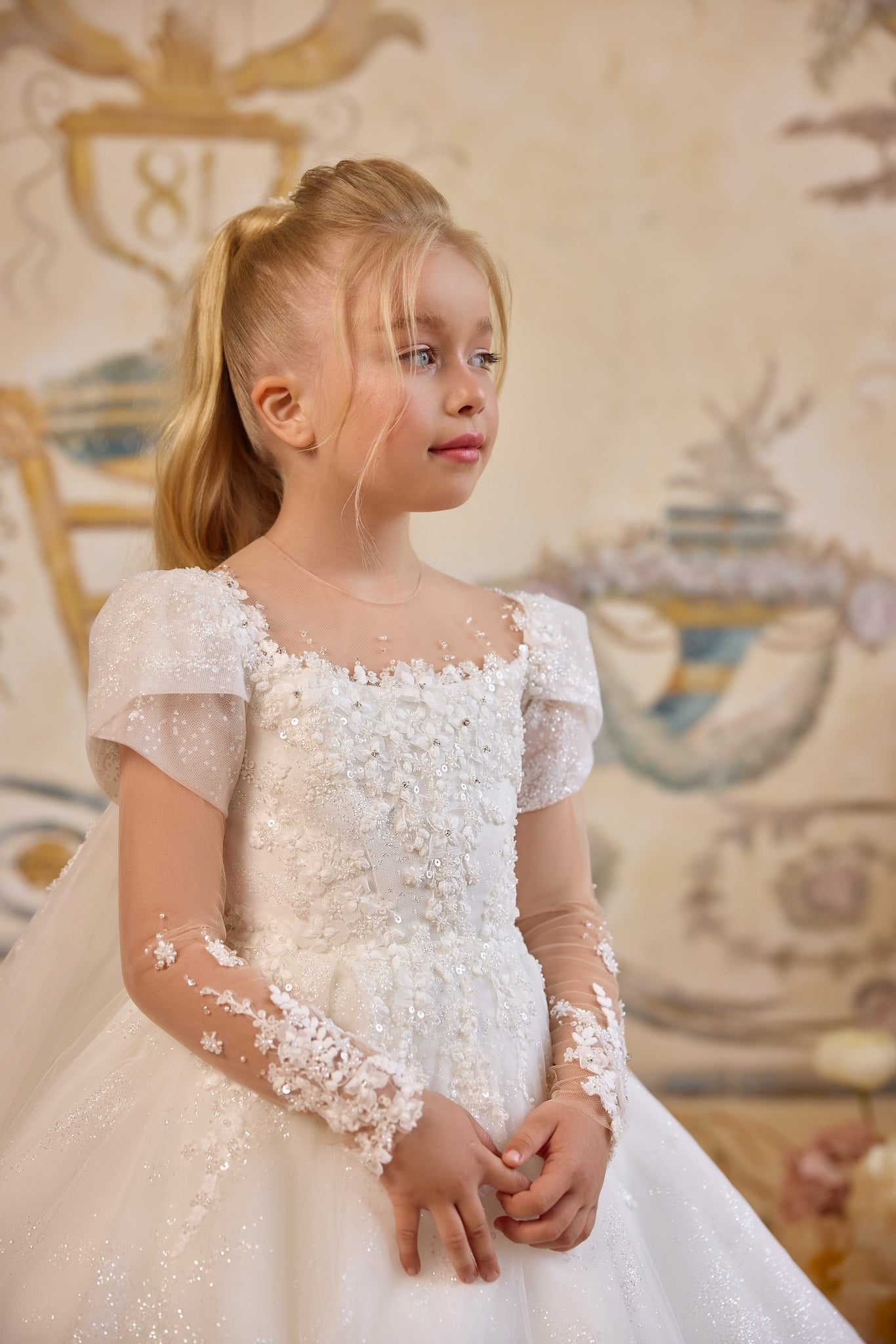 Pentelei 3821 floral applique gown with puff sleeves and train | Girls Formal Dress